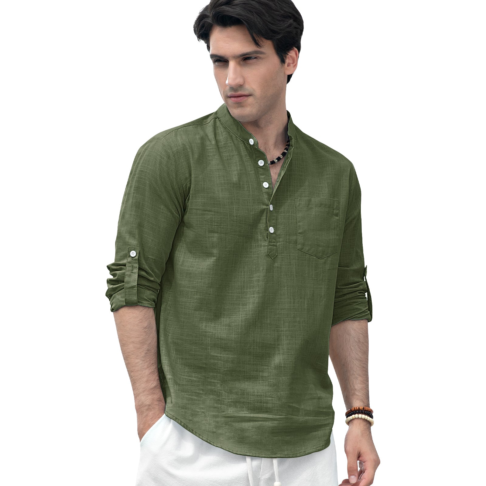 Casual Henley Shirt with Pocket - GREEN