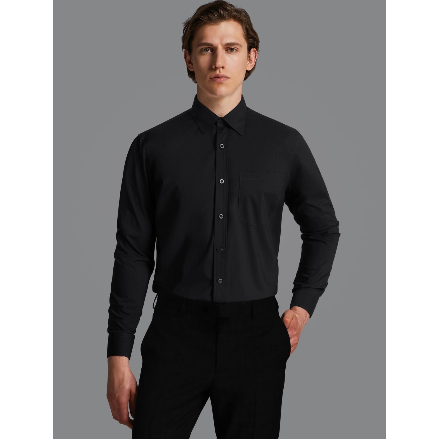Casual Formal Shirt with Pocket - A-BLACK