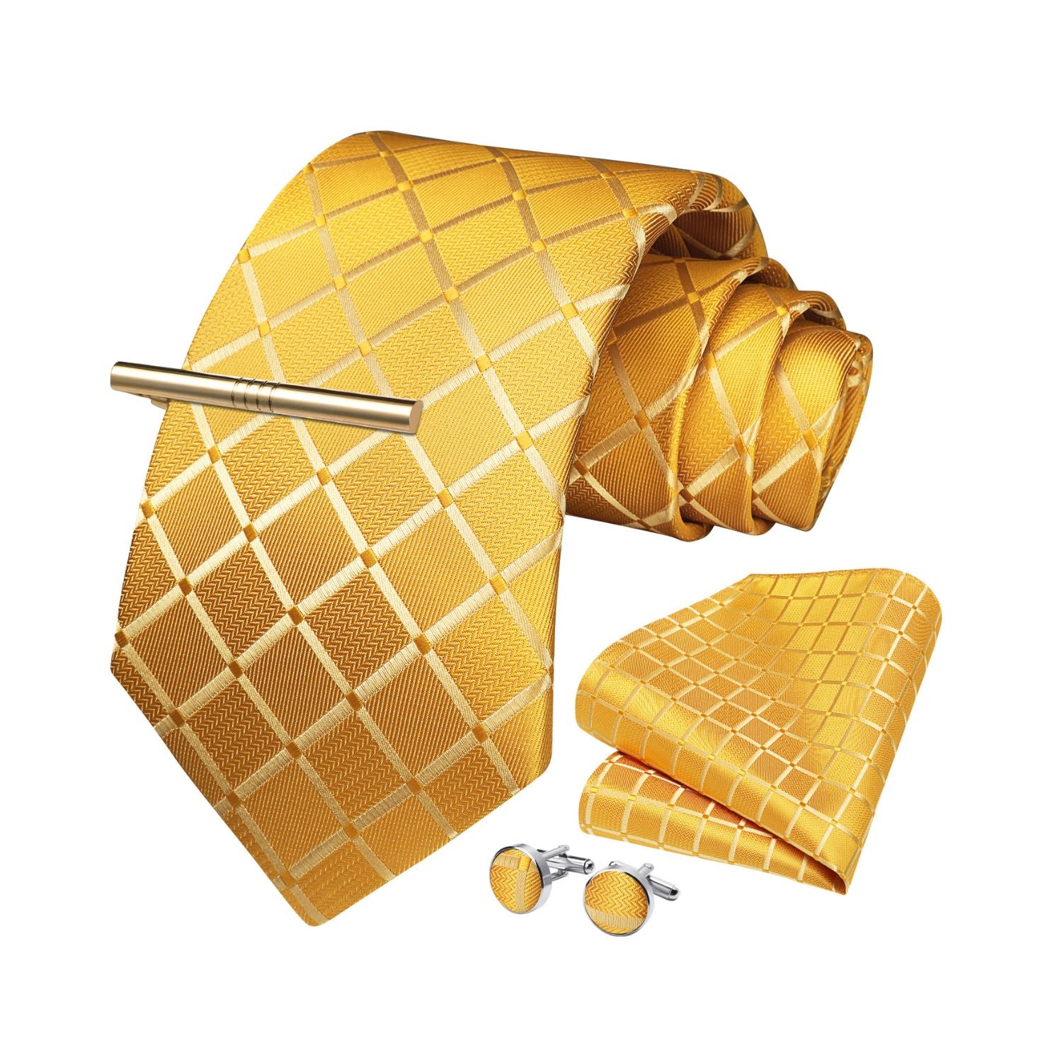 Plaid Tie Handkerchief Cufflinks Clip - GOLD