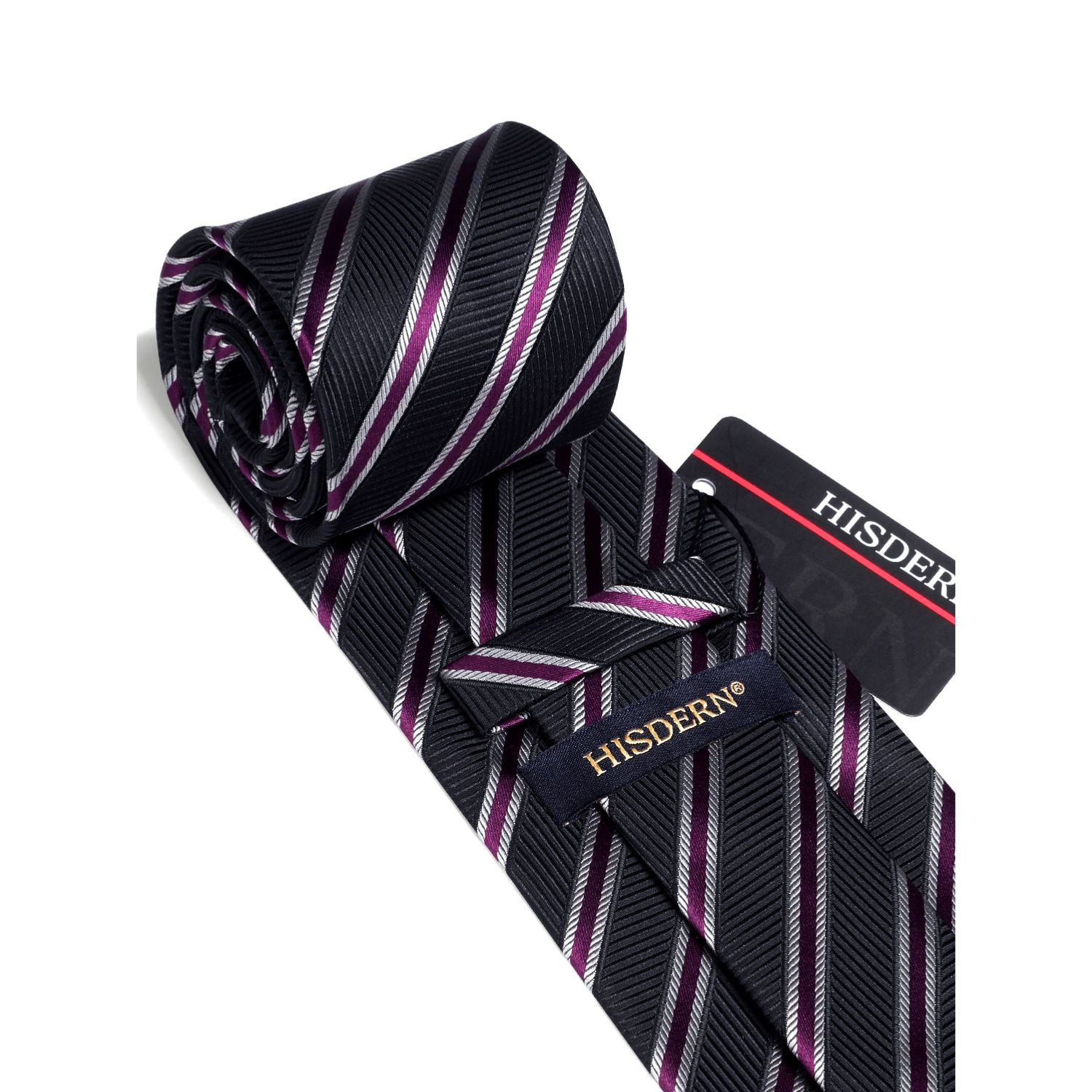 Stripe Tie Handkerchief Set - A-PURPLE/BLACK