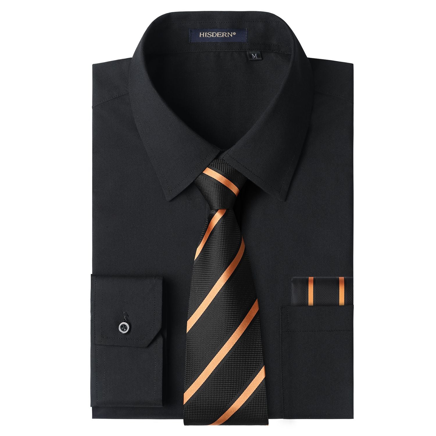 Men's Shirt with Tie Handkerchief Set - 01-BLACK/GOLD
