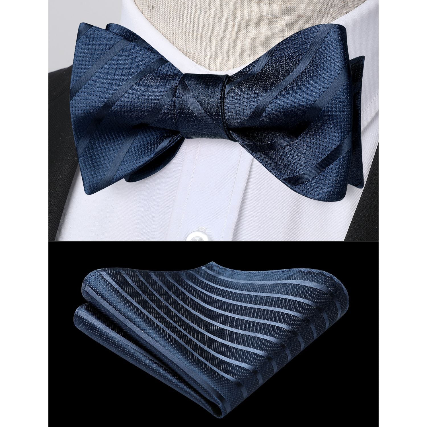 Stripe Bow Tie & Pocket Square - NAVY BLUE