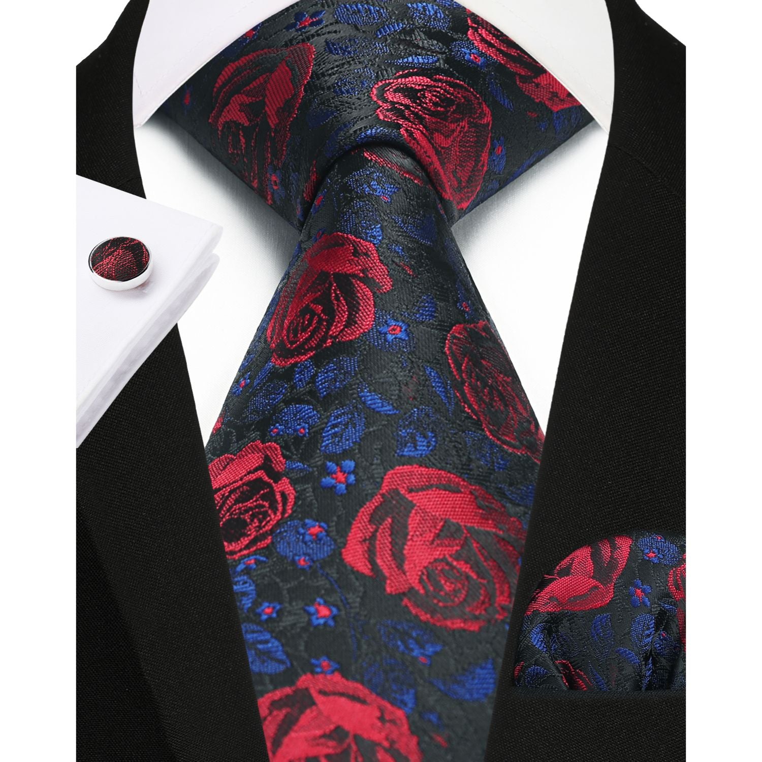 Floral Tie Handkerchief Cufflinks - 1-BLACK RED FLORAL