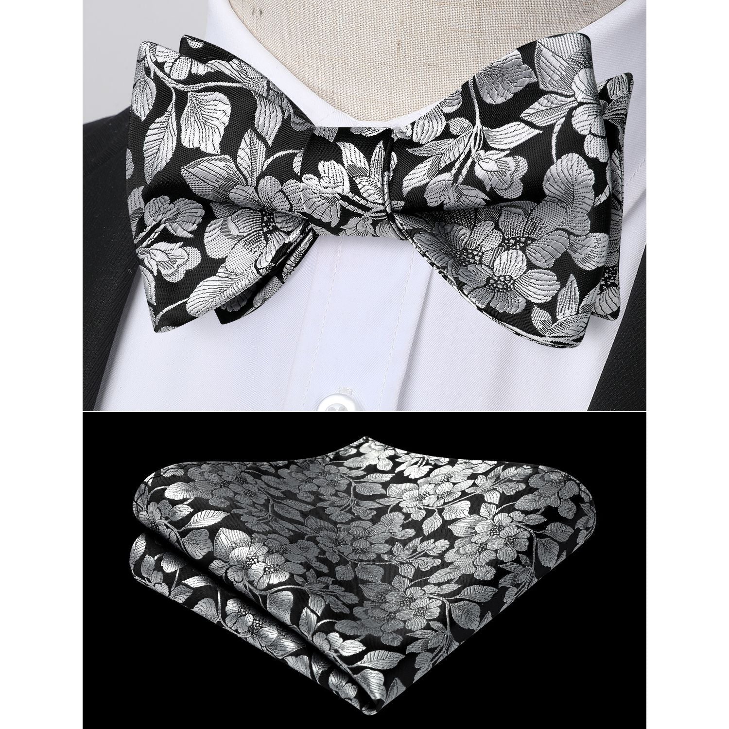 Floral Tie Handkerchief Set - BLACK/SILVER