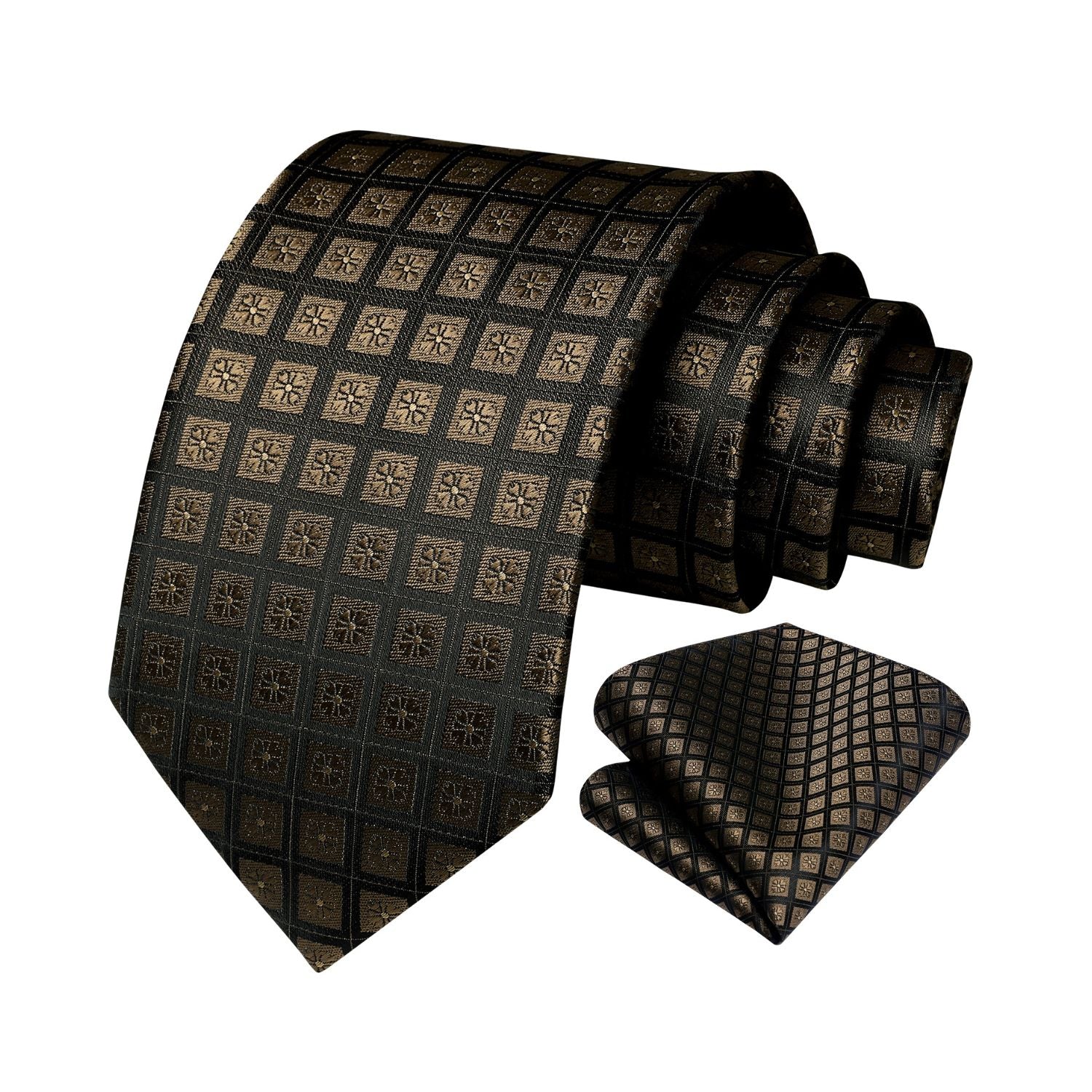 Plaid Tie Handkerchief Set - BROWN