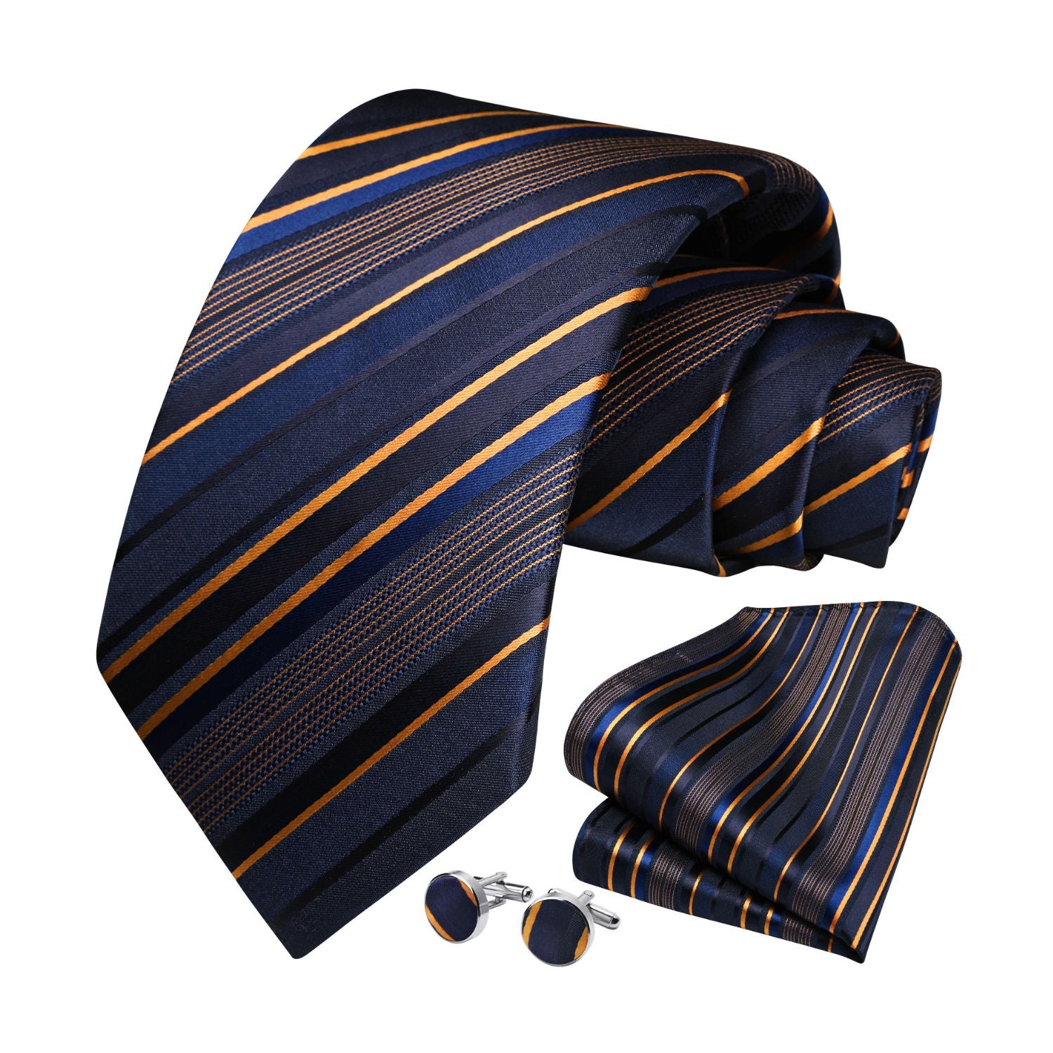 Stripe Tie Handkerchief Cufflinks - 02A-NAVY BLUE