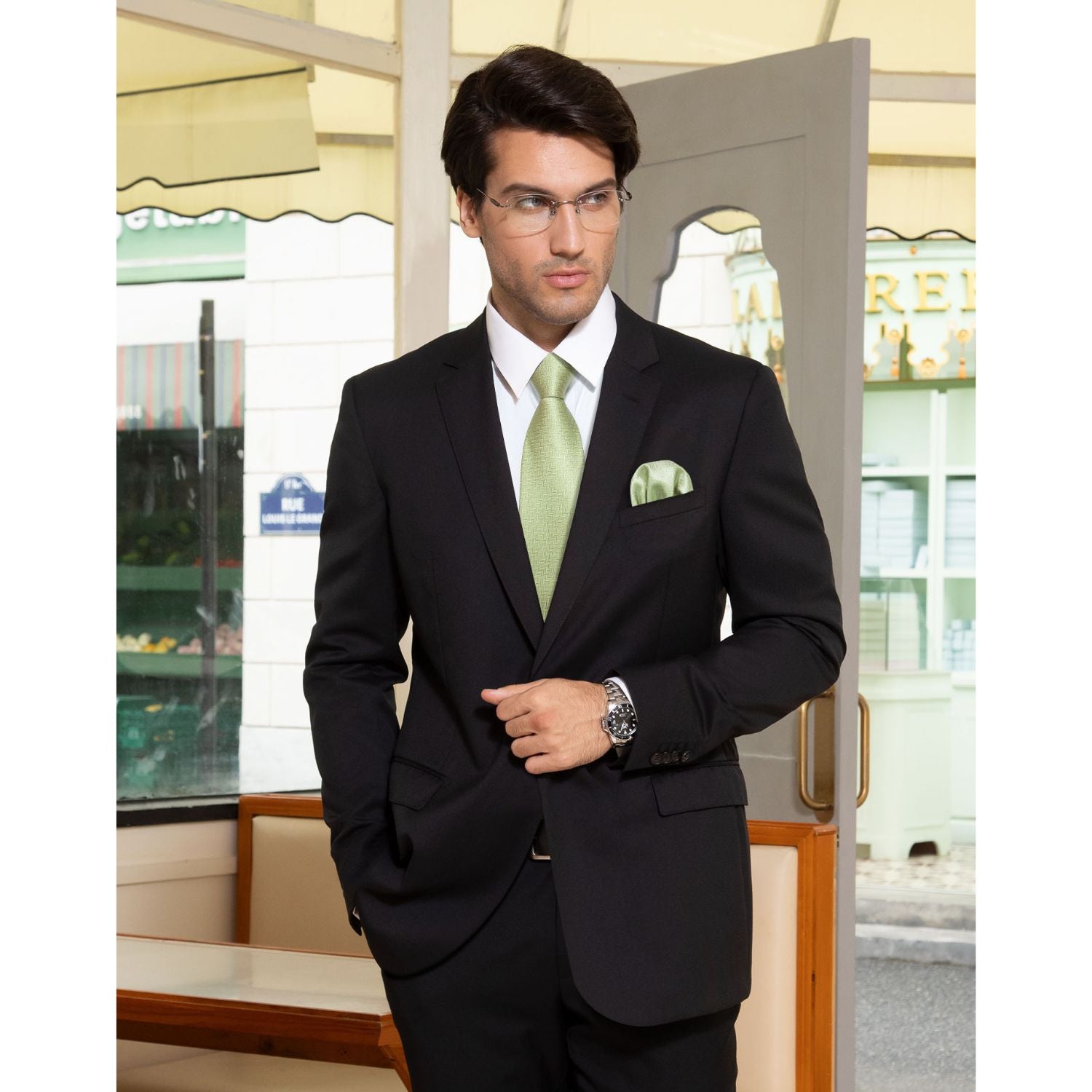 Houndstooth Tie Handkerchief Set - A-01 SAGE GREEN