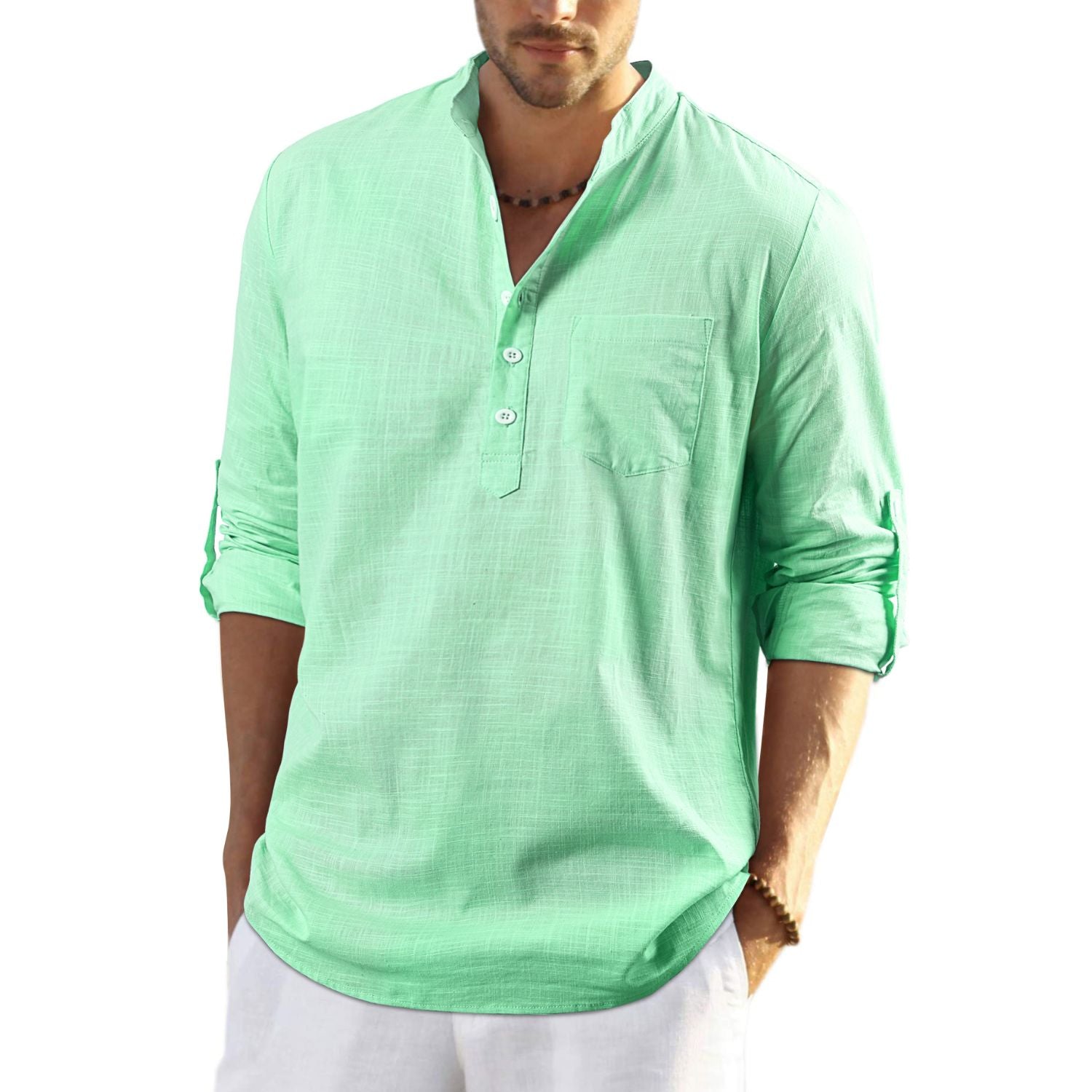Casual Henley Shirt with Pocket - GREEN