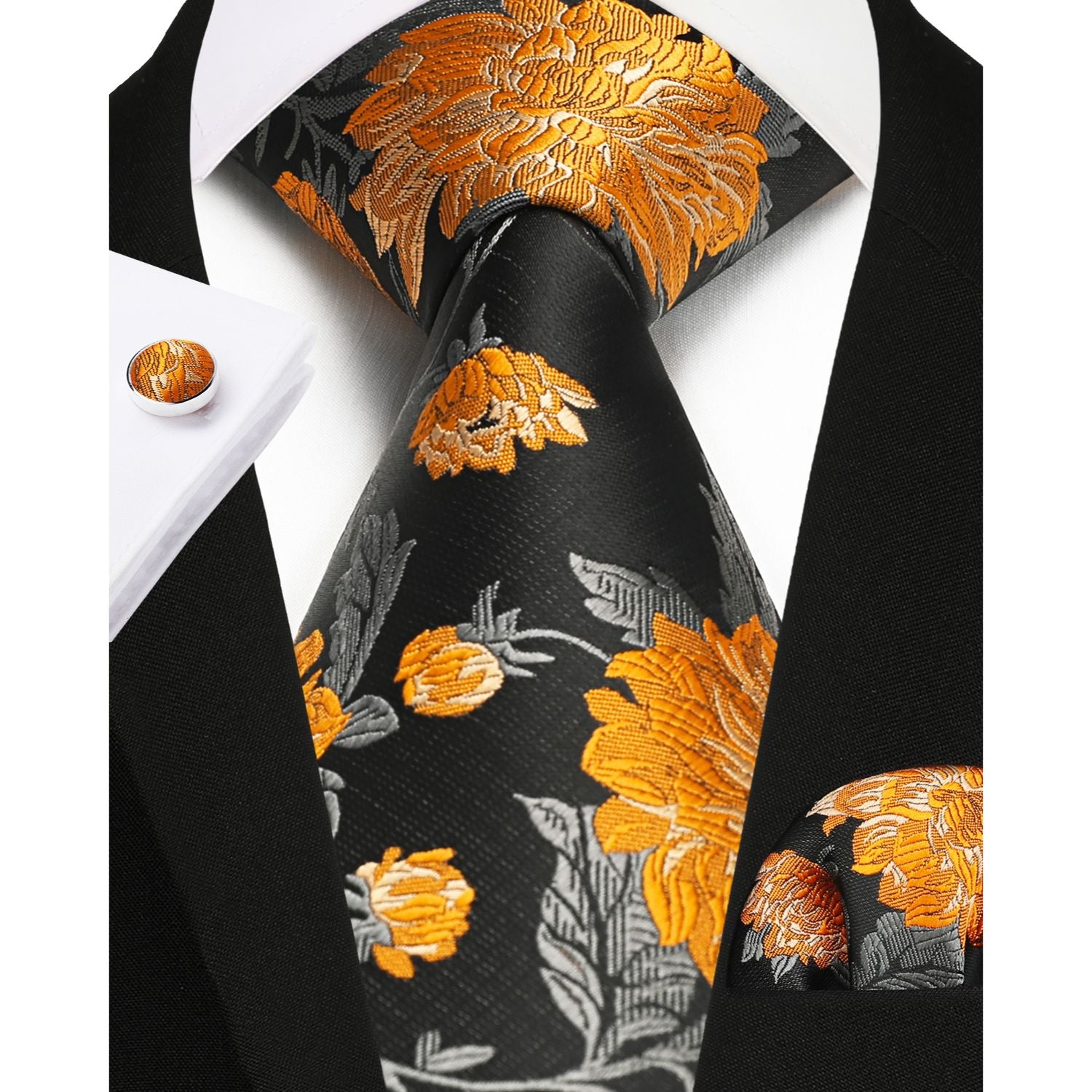 Floral Tie Handkerchief Cufflinks - 1-BLACK ORANGE FLORAL