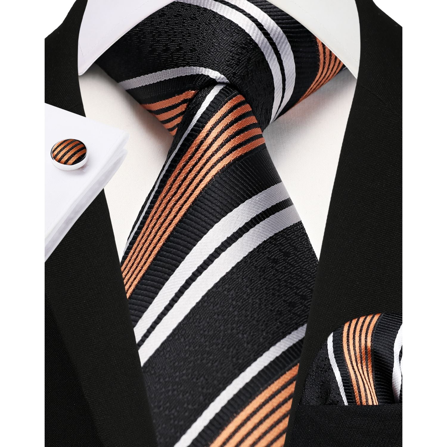 Stripe Tie Handkerchief Cufflinks - BLACK