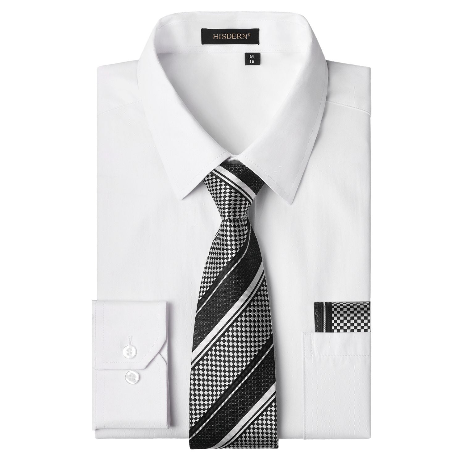 Men's Shirt with Tie Handkerchief Set - 02-WHITE/BLACK
