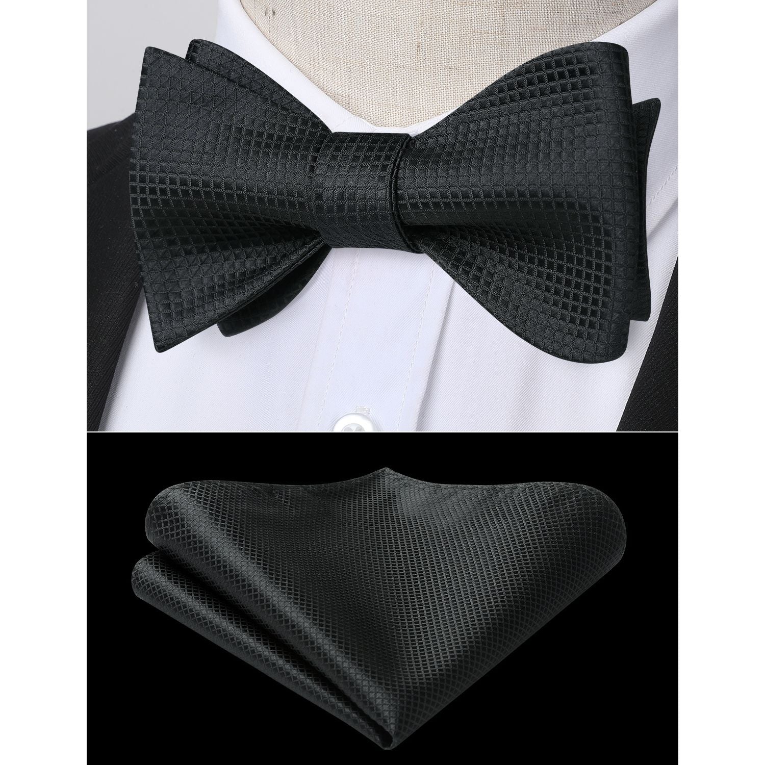 Plaid Bow Tie & Pocket Square Sets - BLACK
