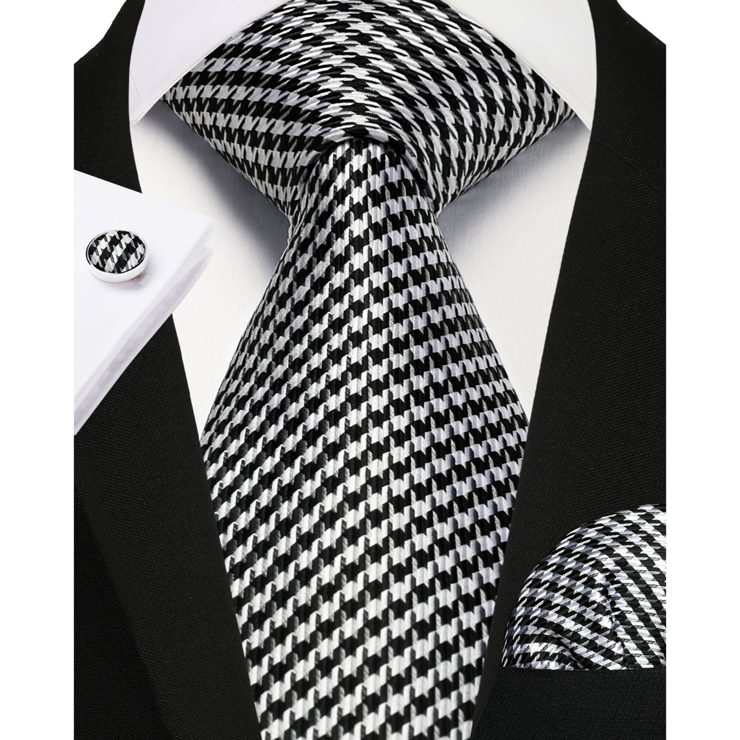 Houndstooth Tie Handkerchief Cufflinks - BLACK