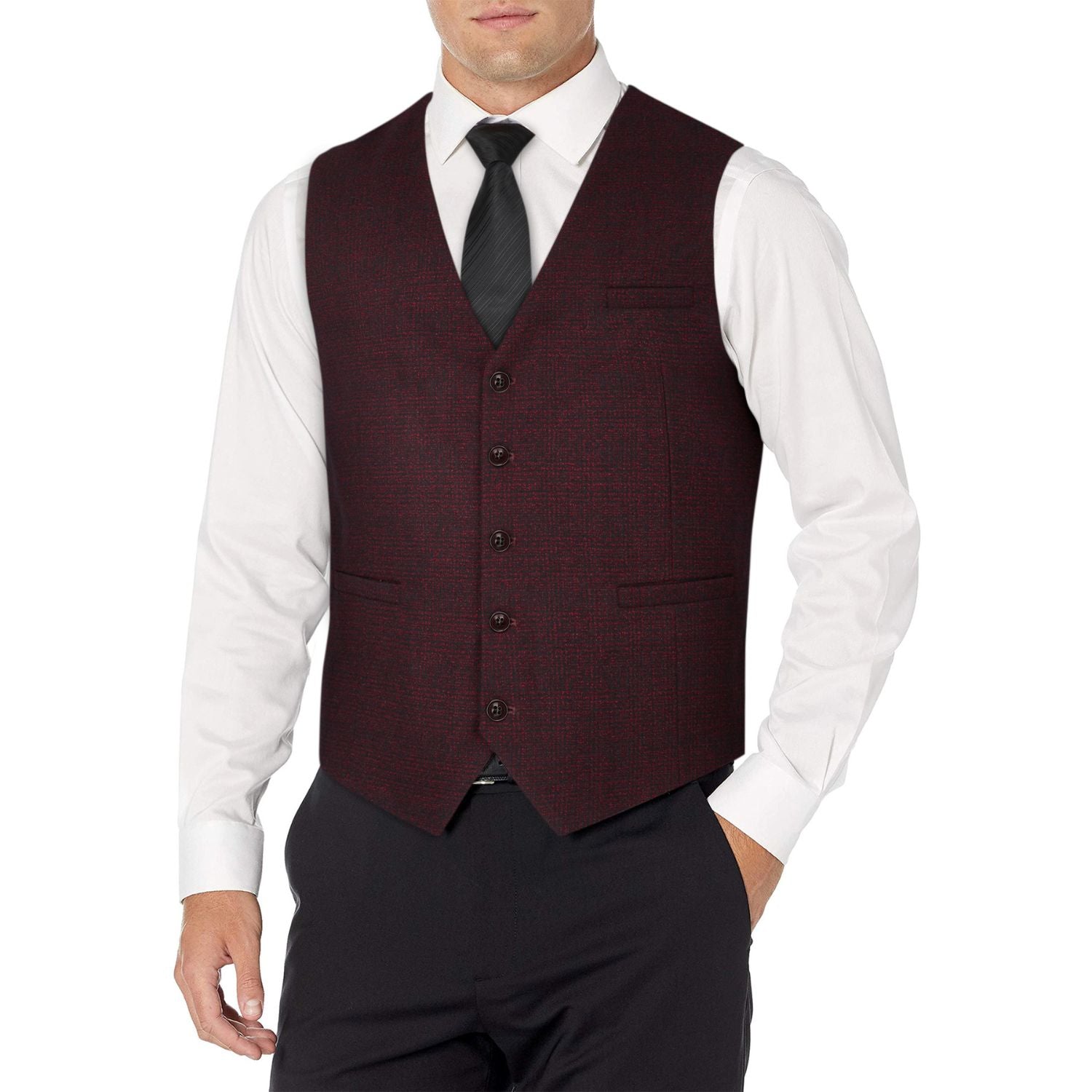 Plaid Slim Vest - A8-BURGUNDY