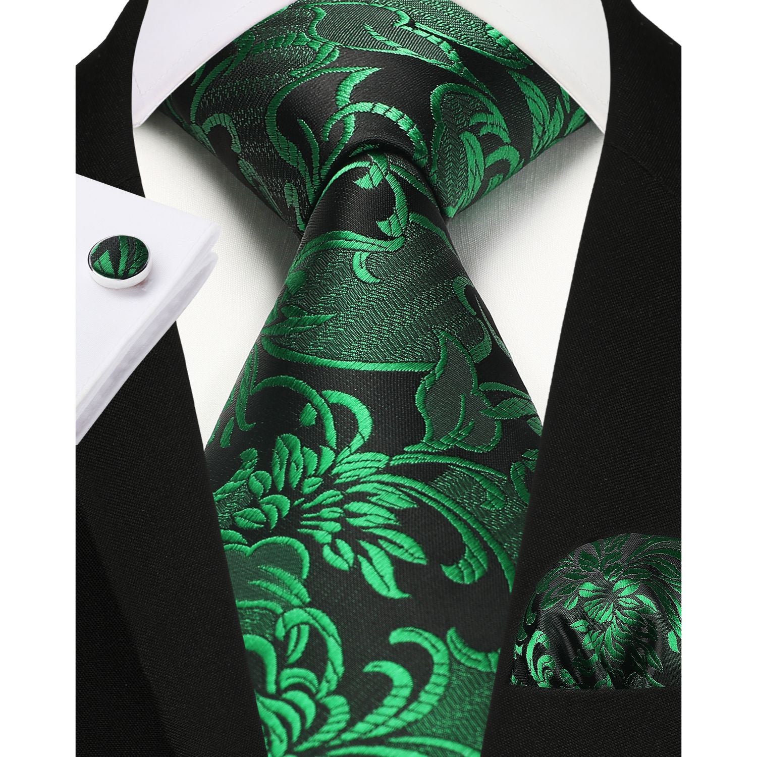 Floral Tie Handkerchief Cufflinks - A-GREEN2