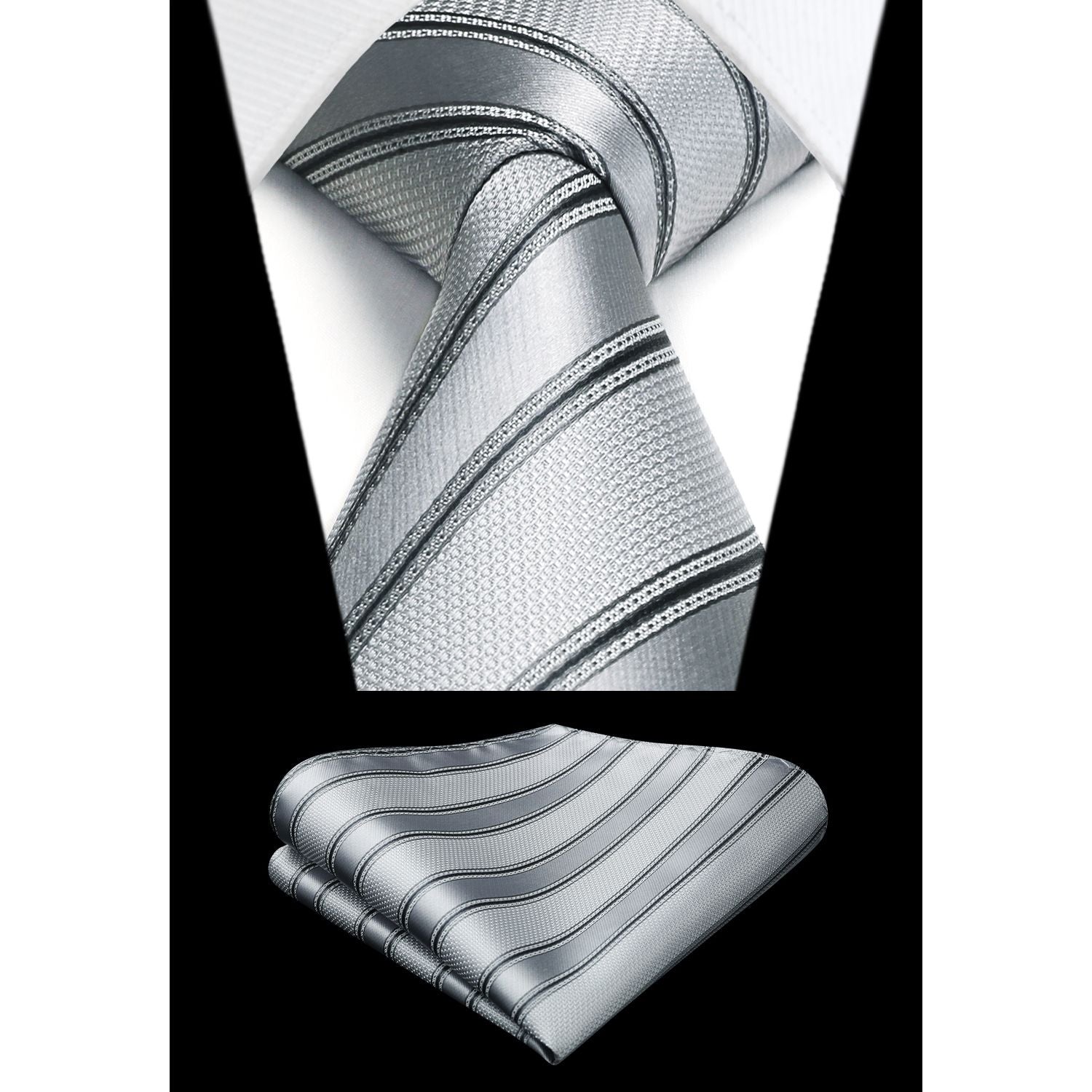 Stripe Tie Handkerchief Set - SILVER/GREY