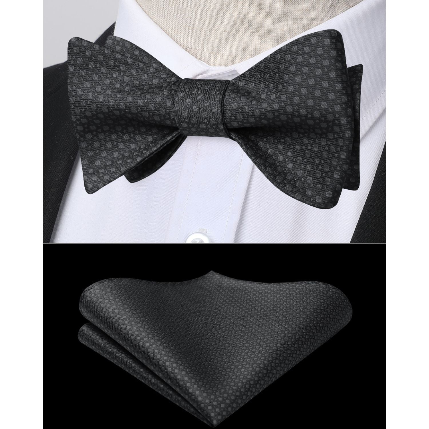 Houndstooth Bow Tie & Pocket Square - BLACK
