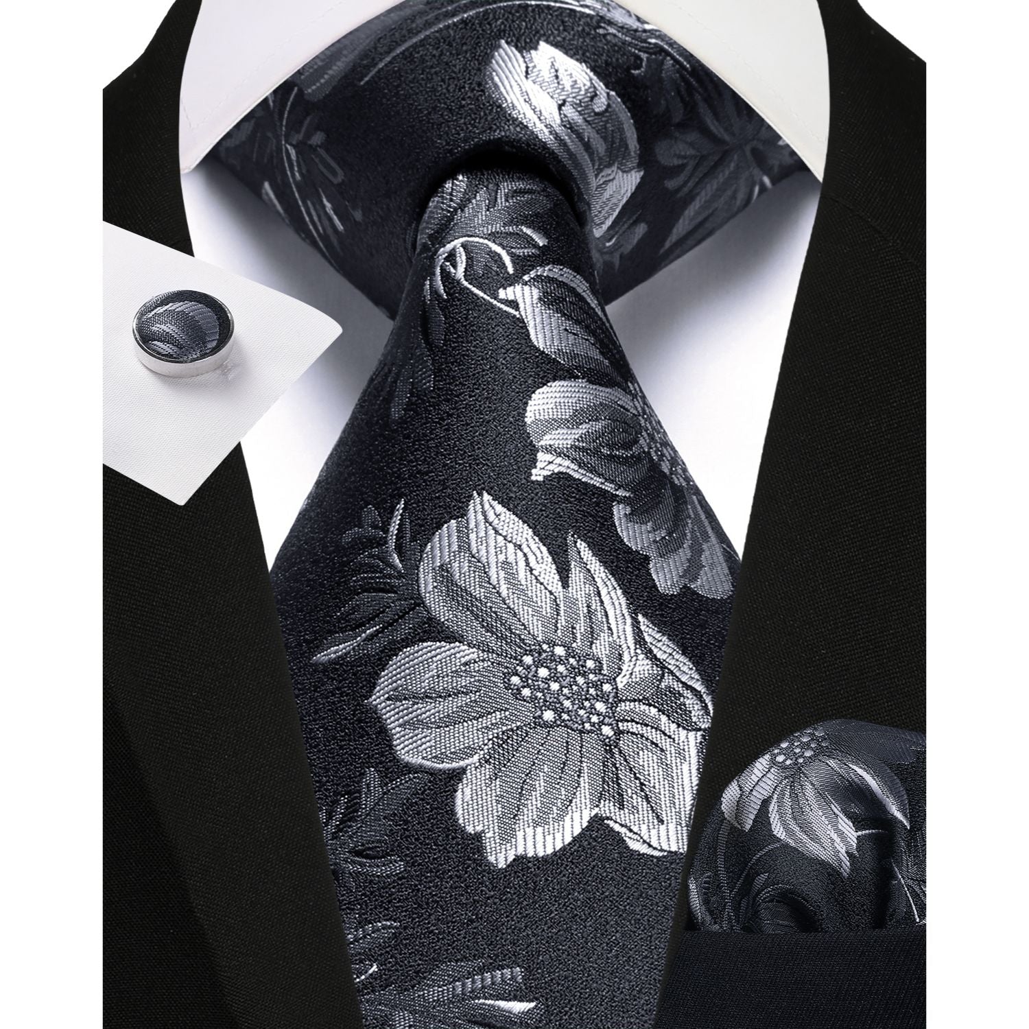 Floral Tie Handkerchief Cufflinks - A-BLACK
