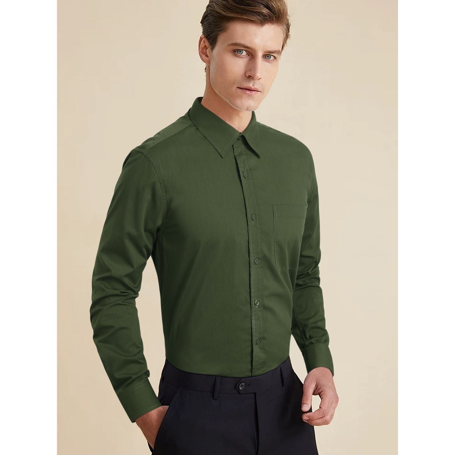 Men's Shirt with Tie Handkerchief Set - 08-GREEN