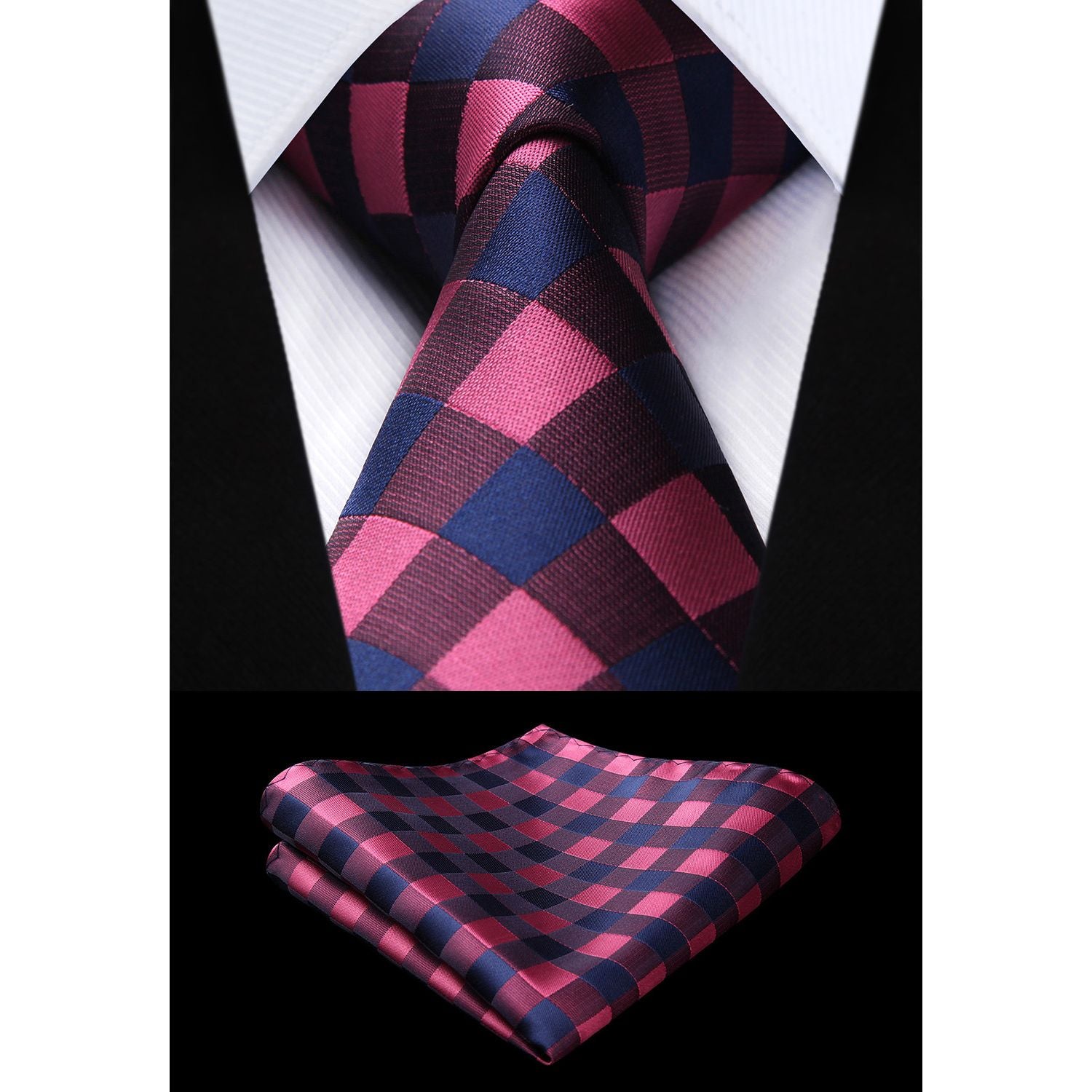 Plaid Tie Handkerchief Set - E-PURPLE