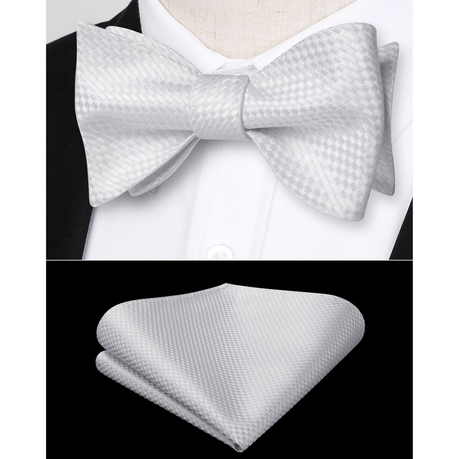 Houndstooth Bow Tie & Pocket Square - WHITE