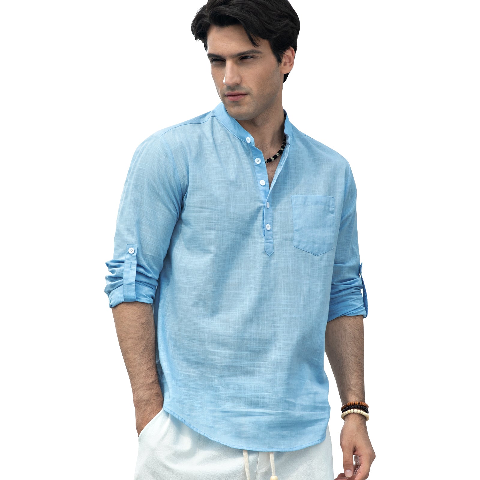 Casual Henley Shirt with Pocket - SKY BLUE