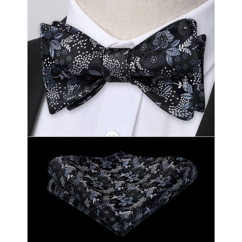 Floral Bow Tie & Pocket Square - BLACK/WHITE-FLORAL