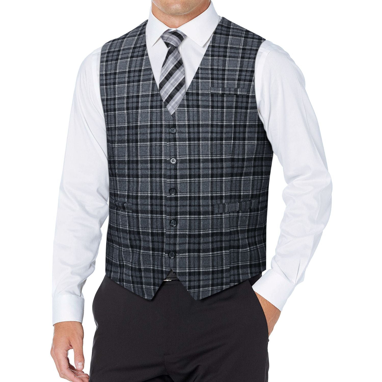 Plaid Slim Vest - B-GREY