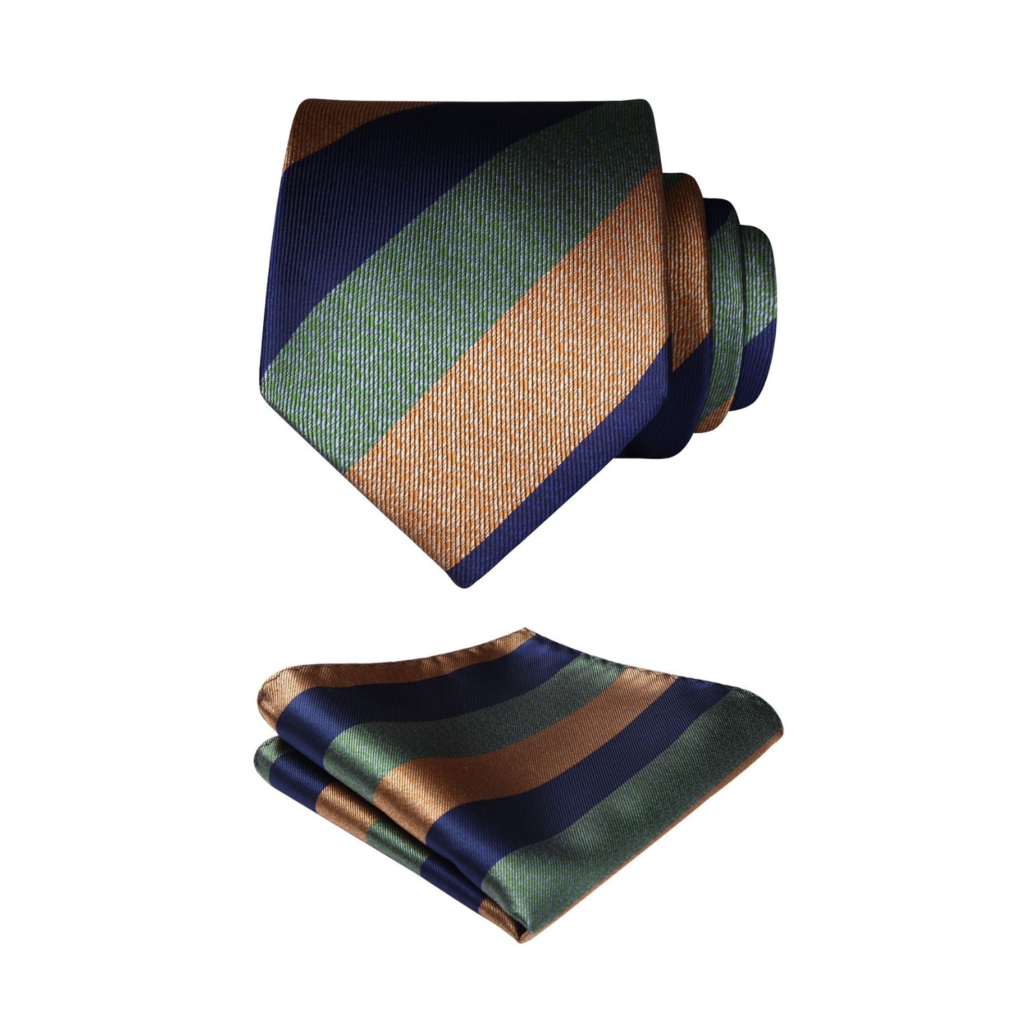Stripe Tie Handkerchief Set - OLIVE GREEN/TAN/NAVY BLUE