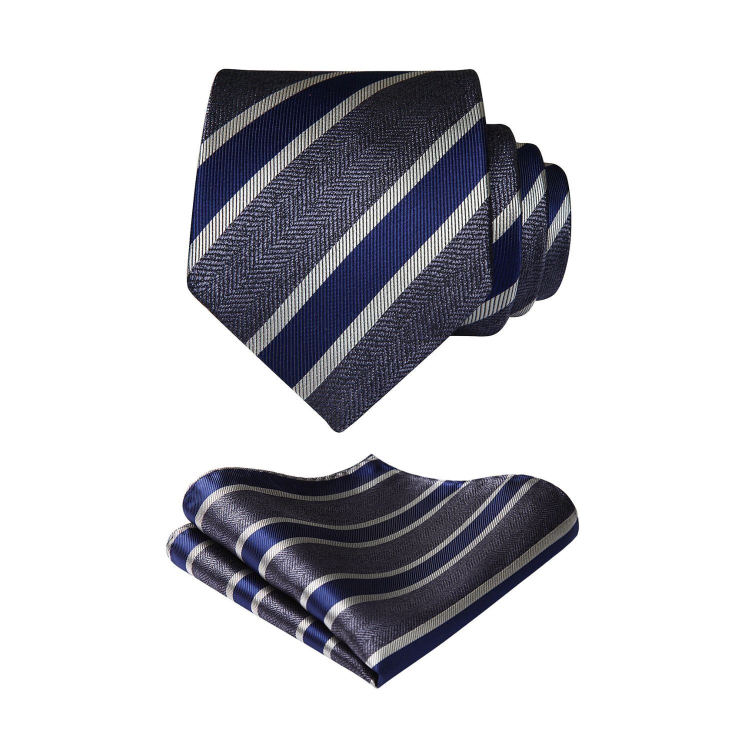 Stripe Tie Handkerchief Set - A-CHARCOAL/NAVY BLUE/GRAY