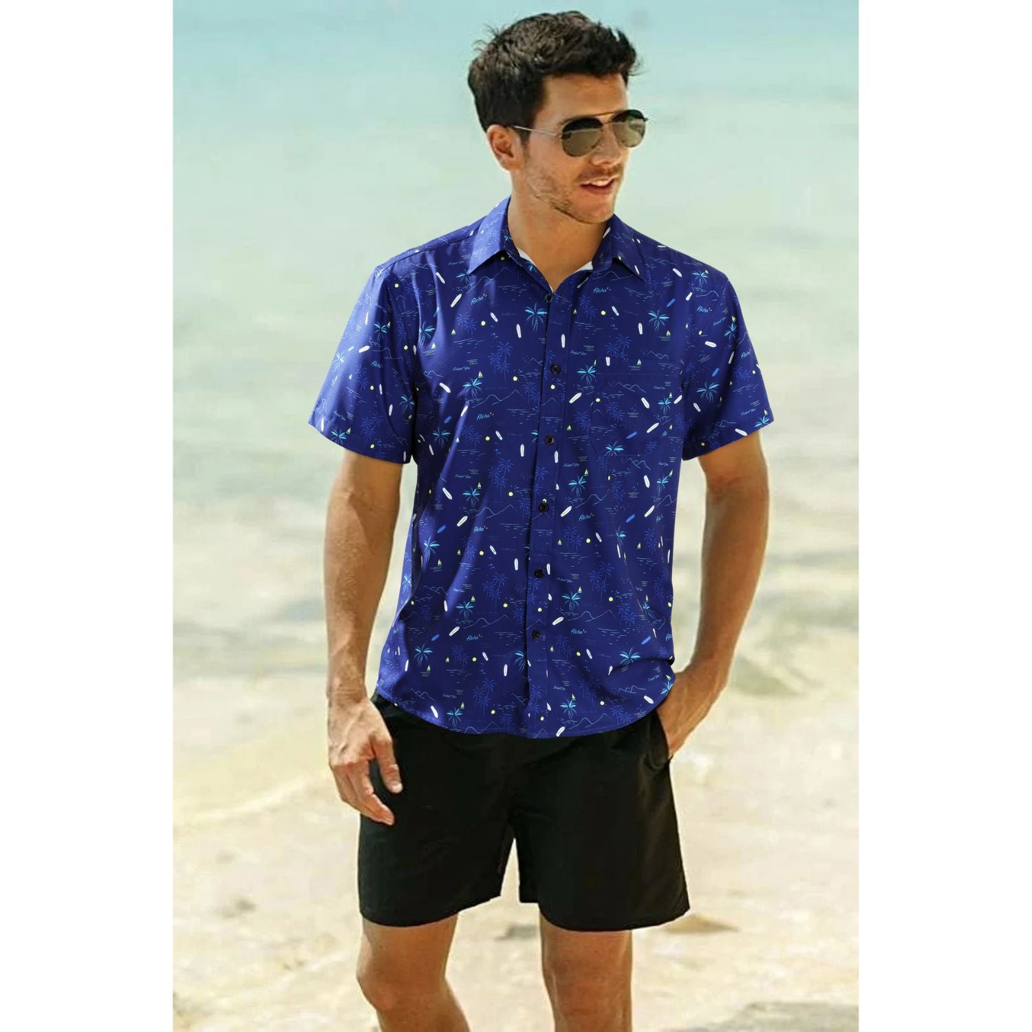Hawaiian Tropical Shirts with Pocket - B-03 NAVY BLUE