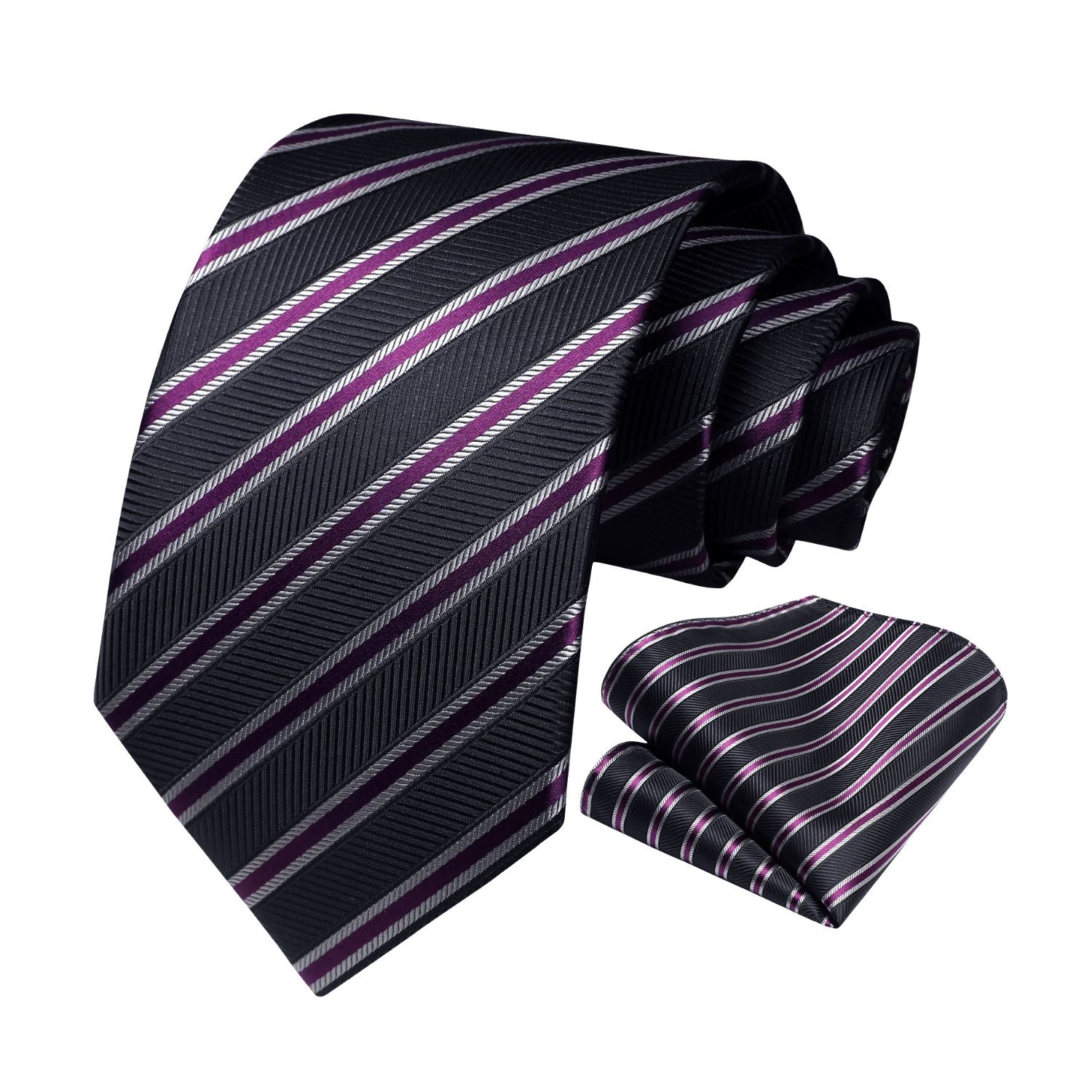 Stripe Tie Handkerchief Set - A-PURPLE/BLACK
