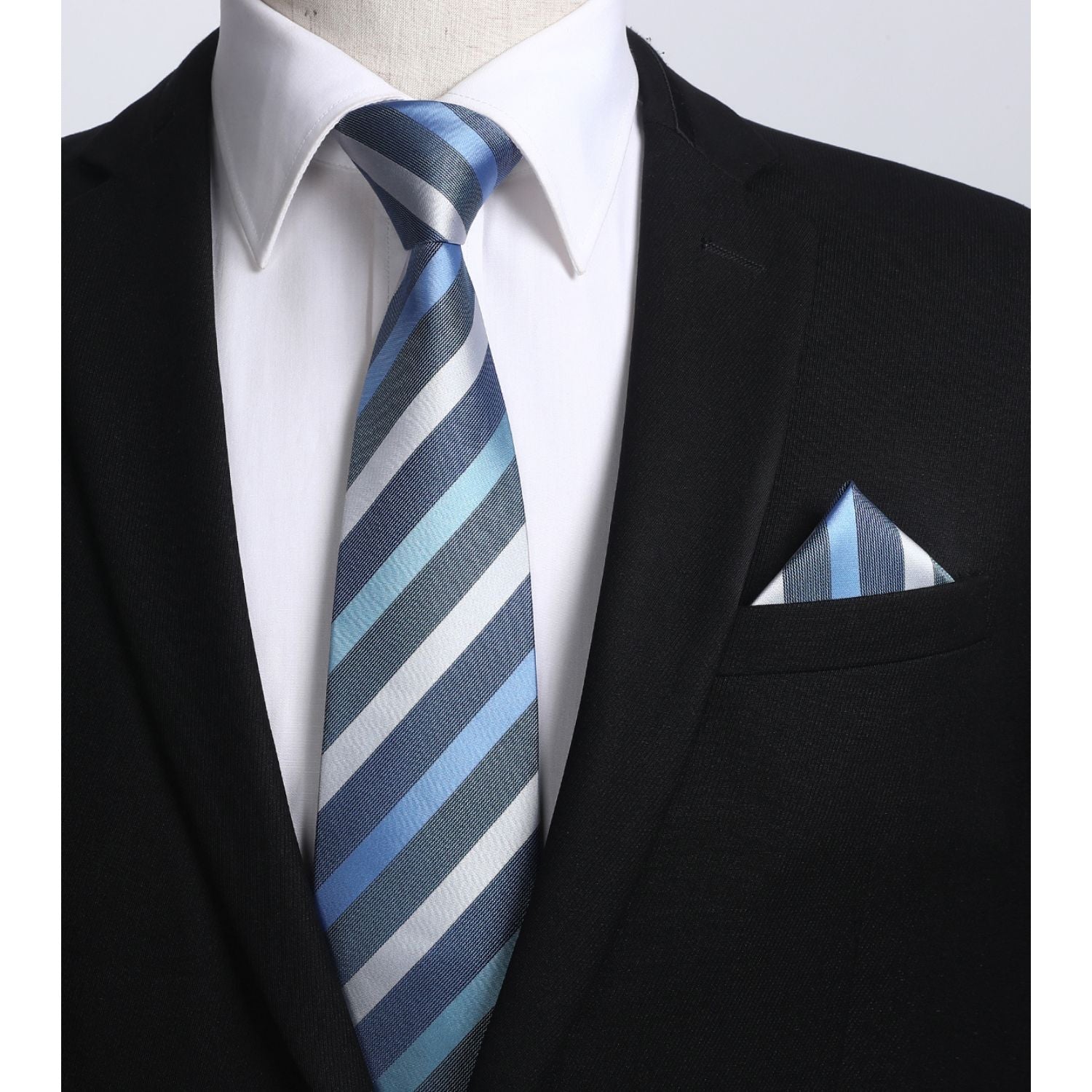 Stripe Tie Handkerchief Set - A-STEEL BLUE/WHITE