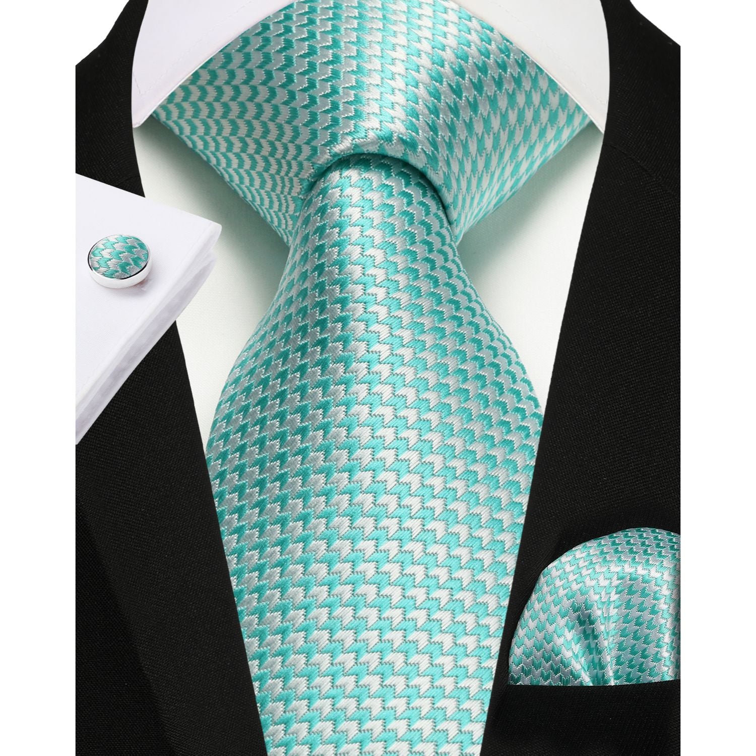 Stripe Tie Handkerchief Cufflinks - A04-GREEN/WHITE