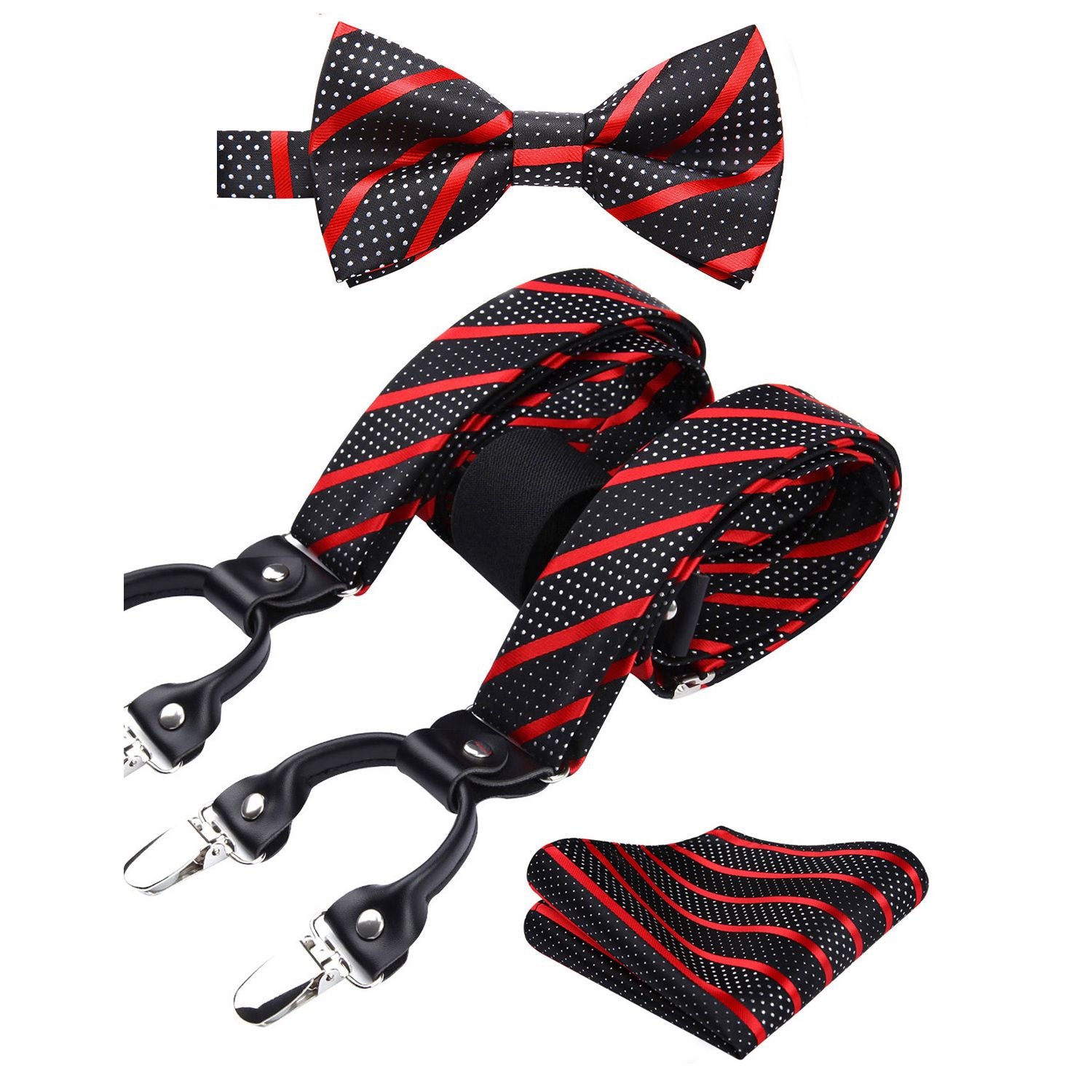 Stripe Suspender Pre-Tied Bow Tie Handkerchief - B1-RED / BLACK