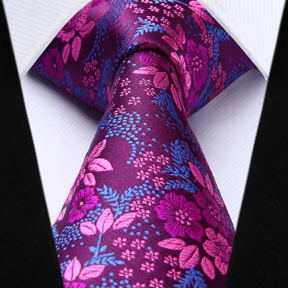 Floral Tie Handkerchief Set - HOT PINK/BLUE