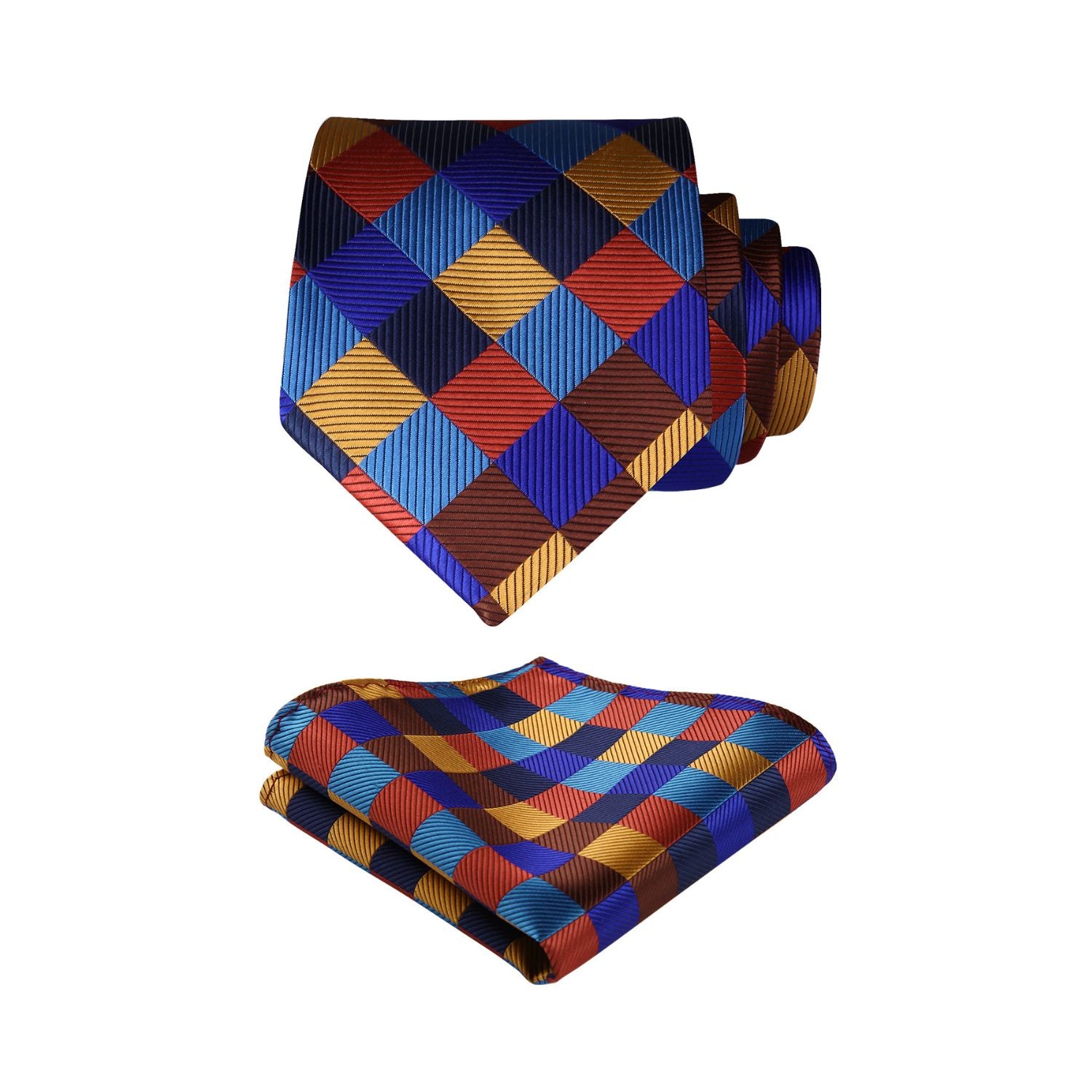 Plaid Tie Handkerchief Set - ORANGE/BLUE/BROWN