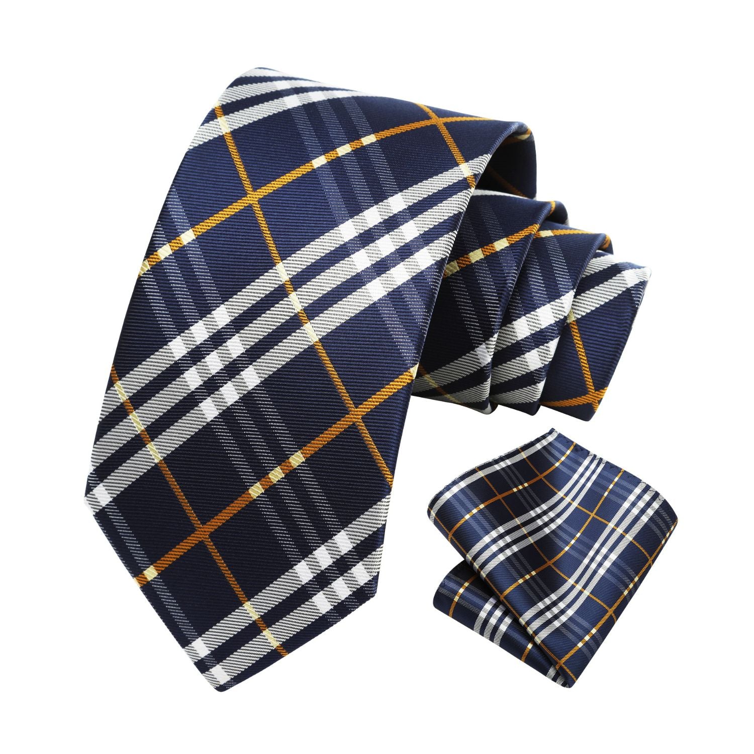 Plaid Tie Handkerchief Set - 056-NAVY BLUE GREY ORANGE