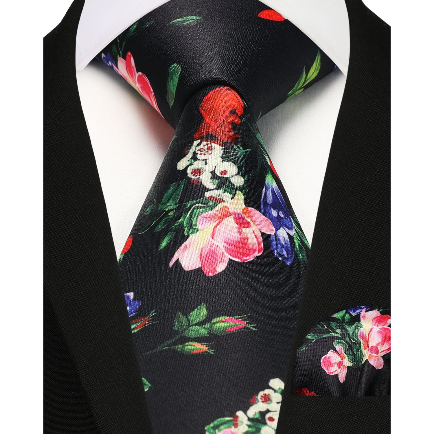 Floral Tie Handkerchief Set - 50 BLACK