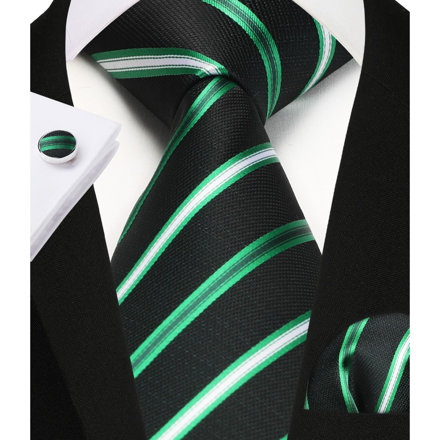 Stripe Tie Handkerchief Cufflinks - C-021 GREEN BLACK