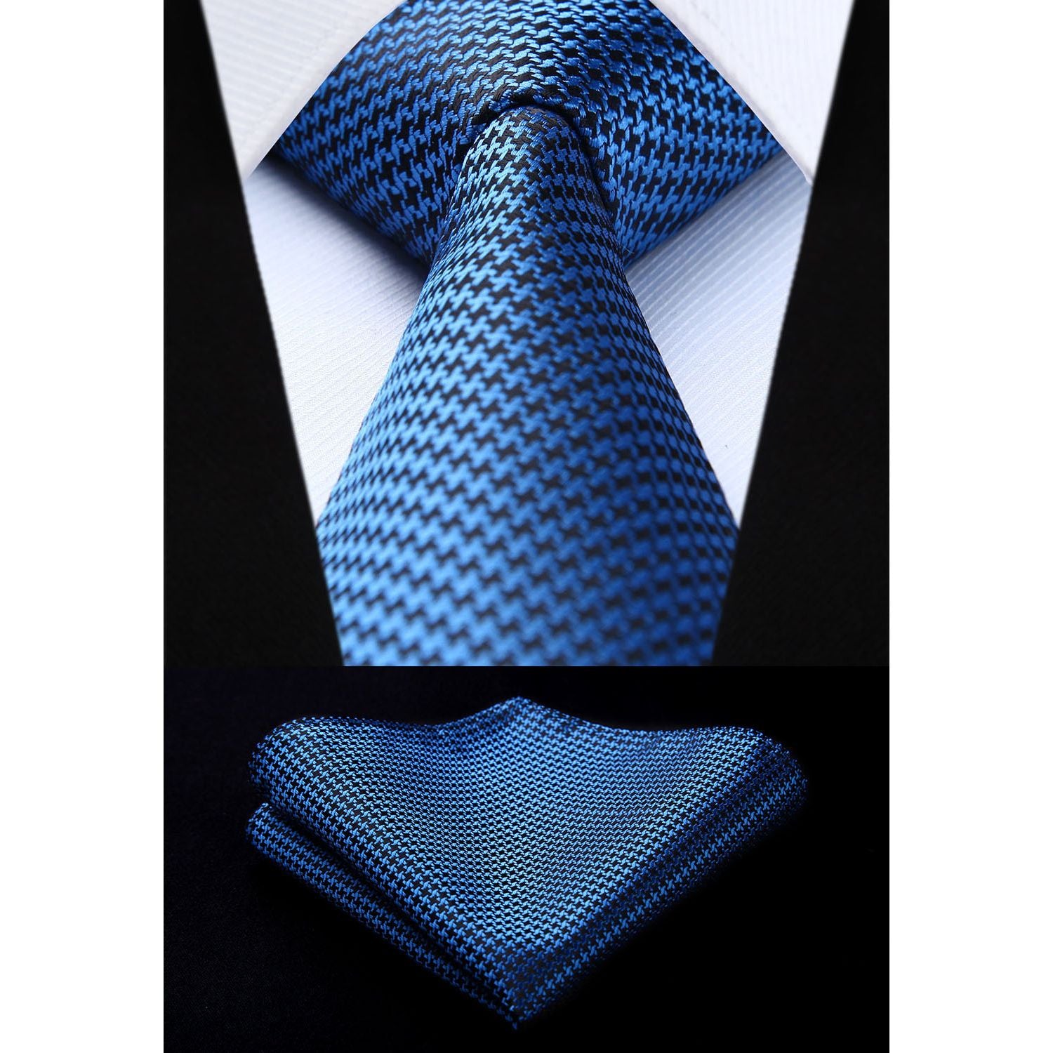 Houndstooth Tie Handkerchief Set - BLUE/BLACK