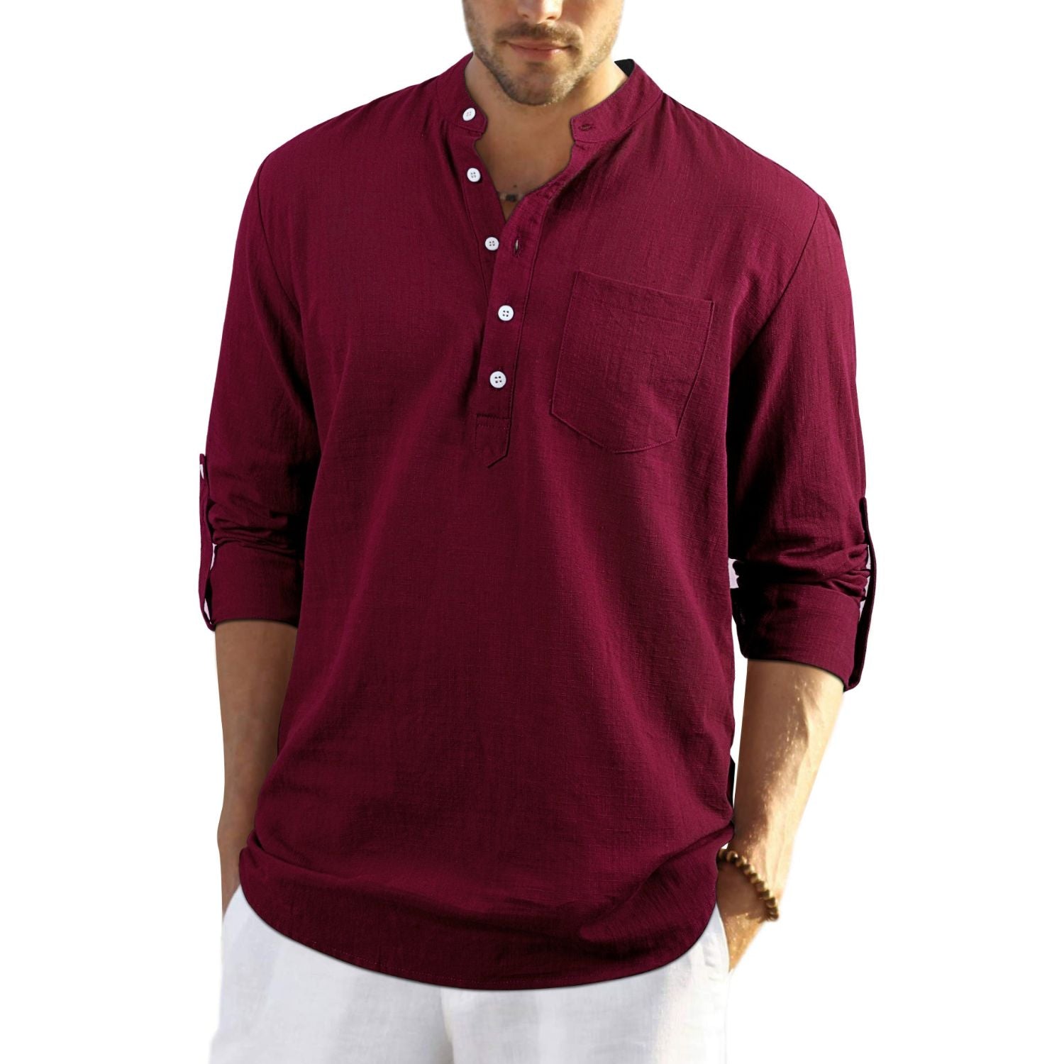 Casual Henley Shirt with Pocket - BURGUNDY
