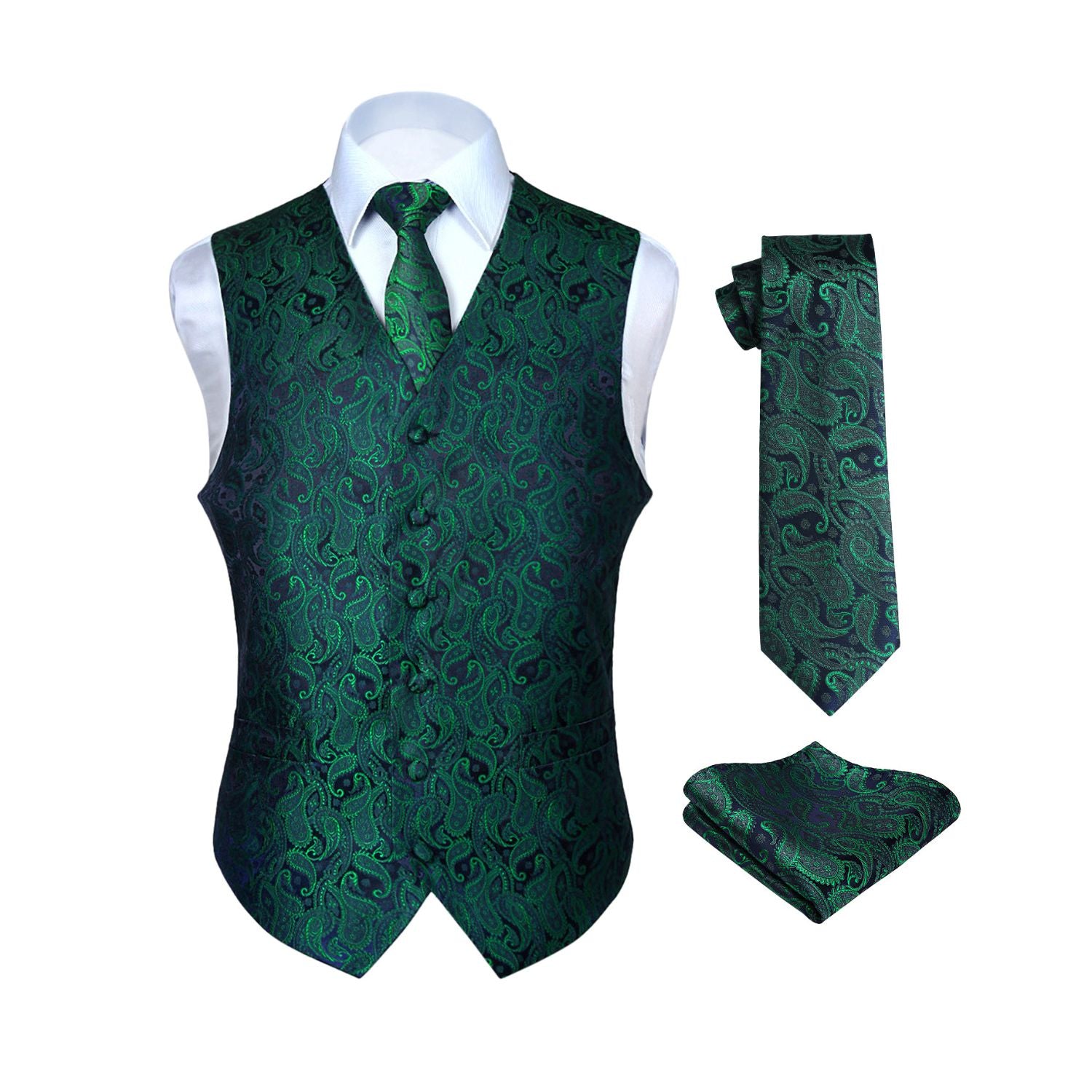 Paisley Vest Tie Handkerchief Set - GREEN/PURPLE