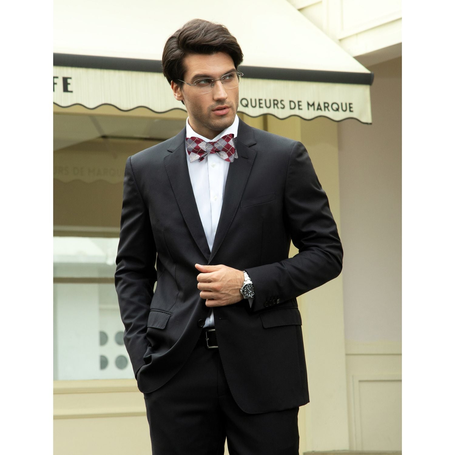 Plaid Bow Tie & Pocket Square - A-BURGUNDY/GRAY