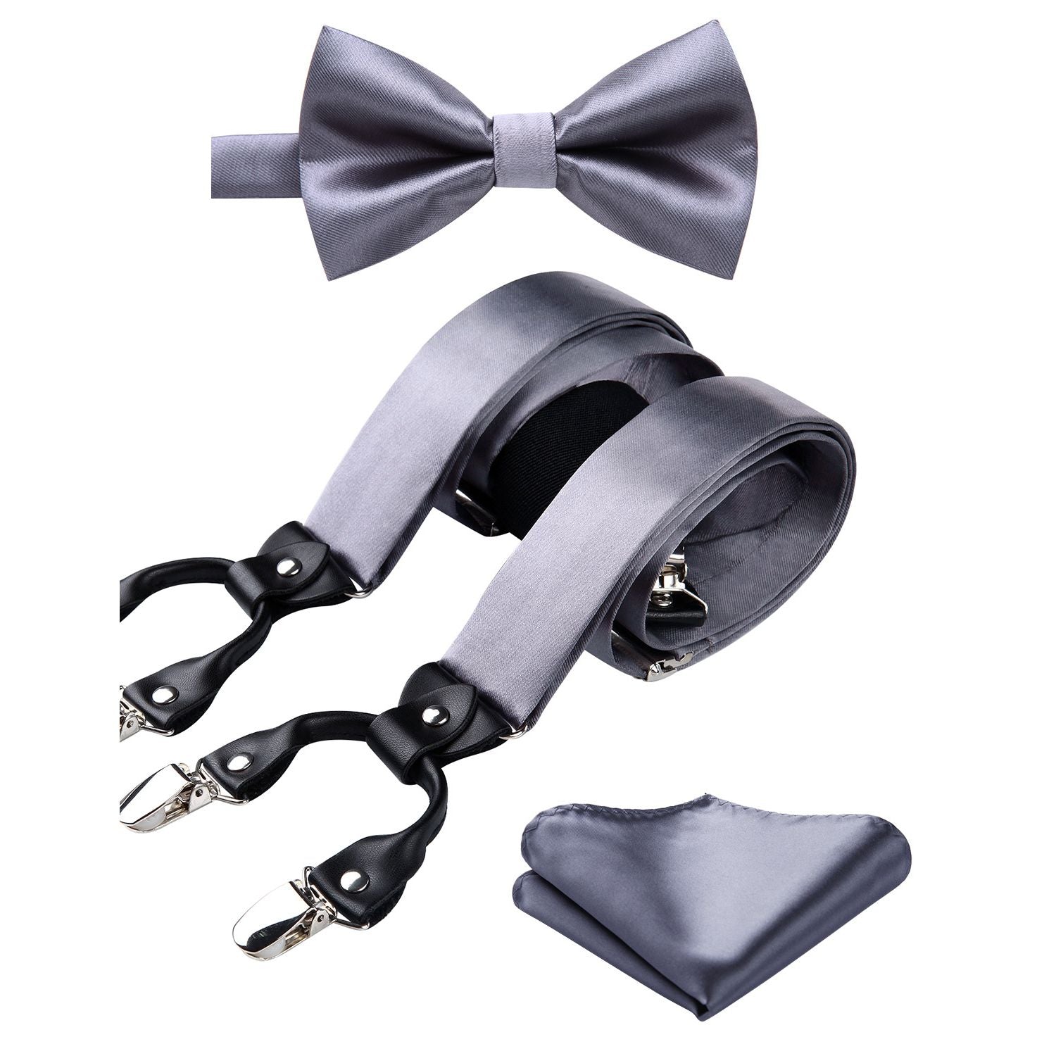 Solid Suspender Pre-Tied Bow Tie Handkerchief - A10-GREY