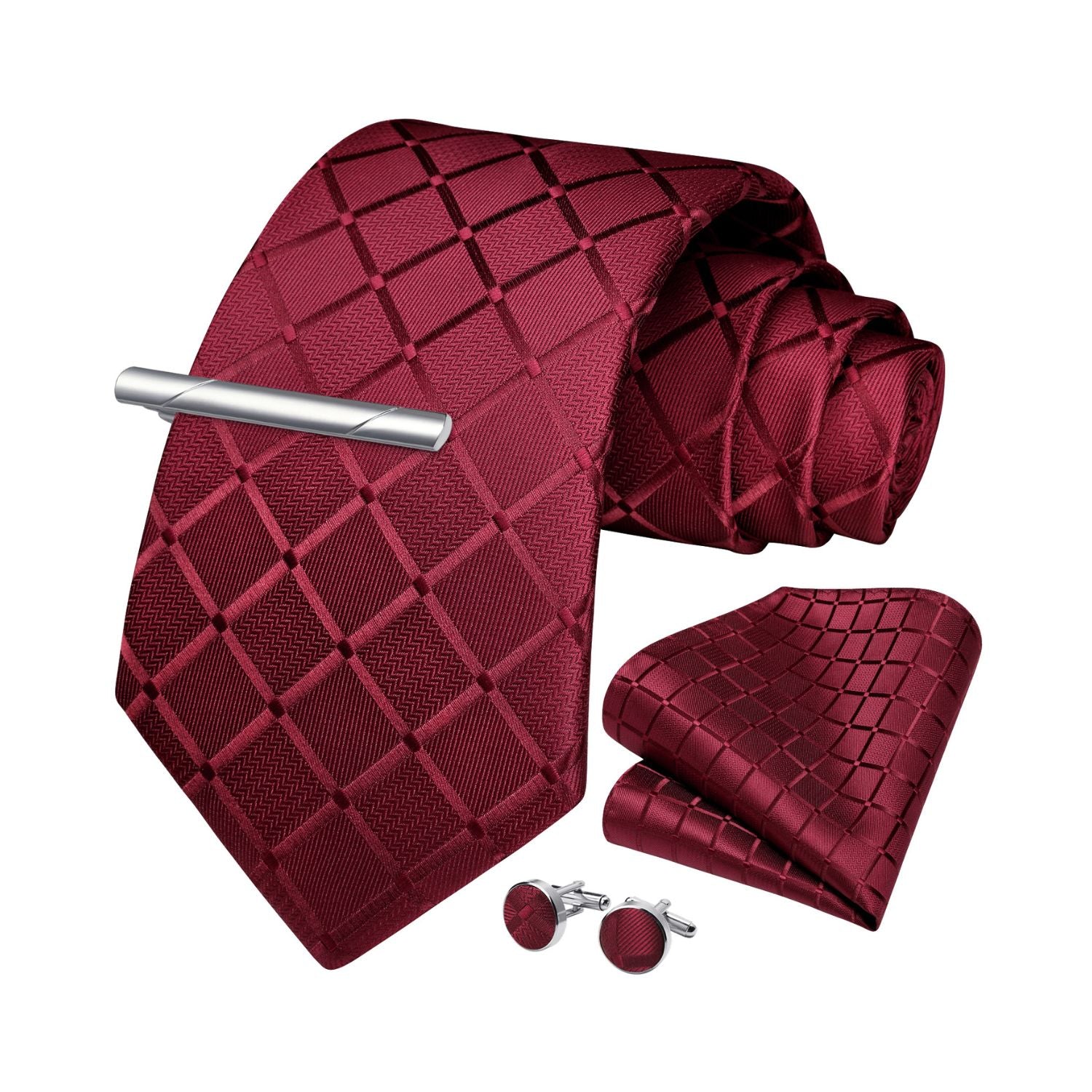 Plaid Tie Handkerchief Cufflinks Clip - BURGUNDY