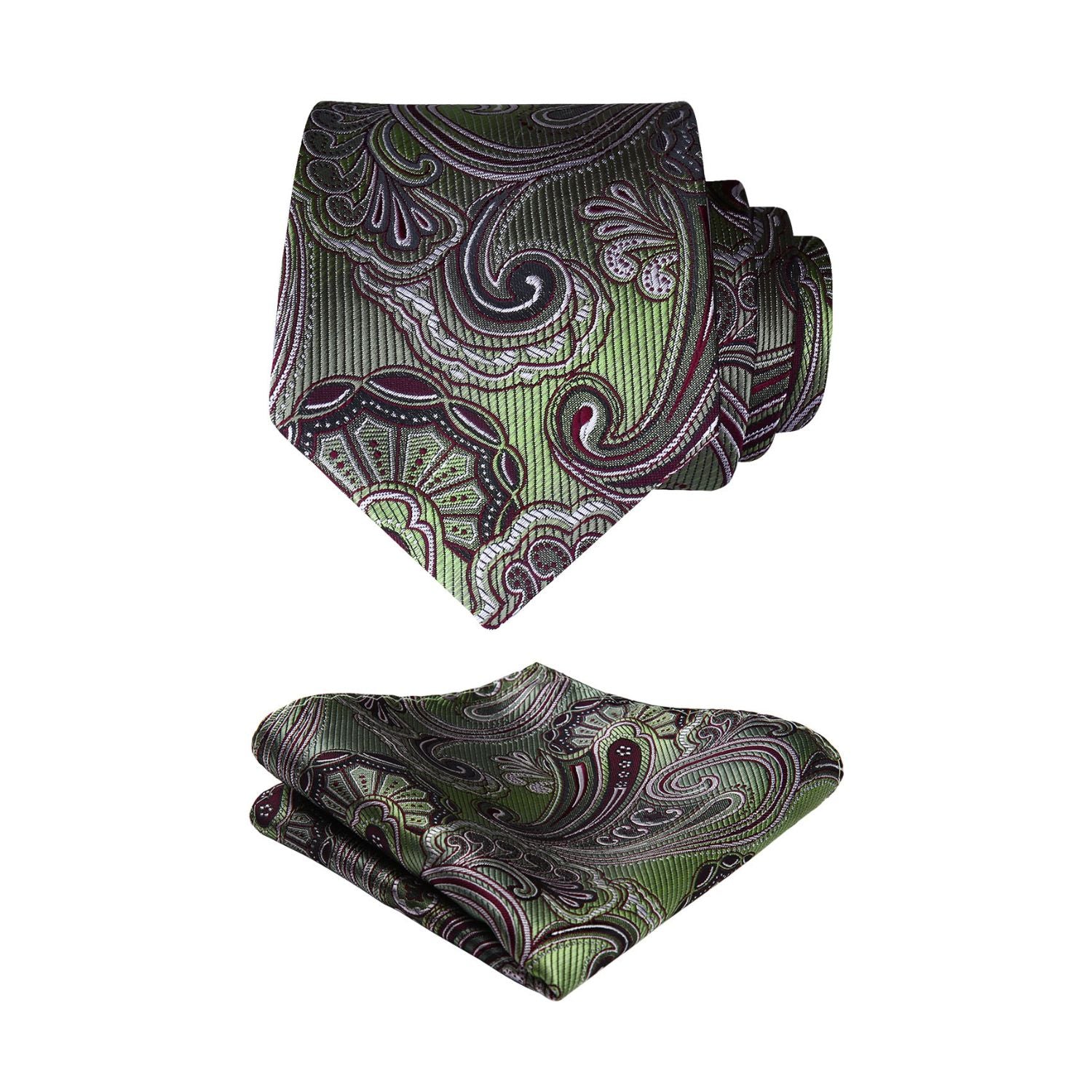 Paisley Tie Handkerchief Set - OLIVE GREEN/BURGUNDY