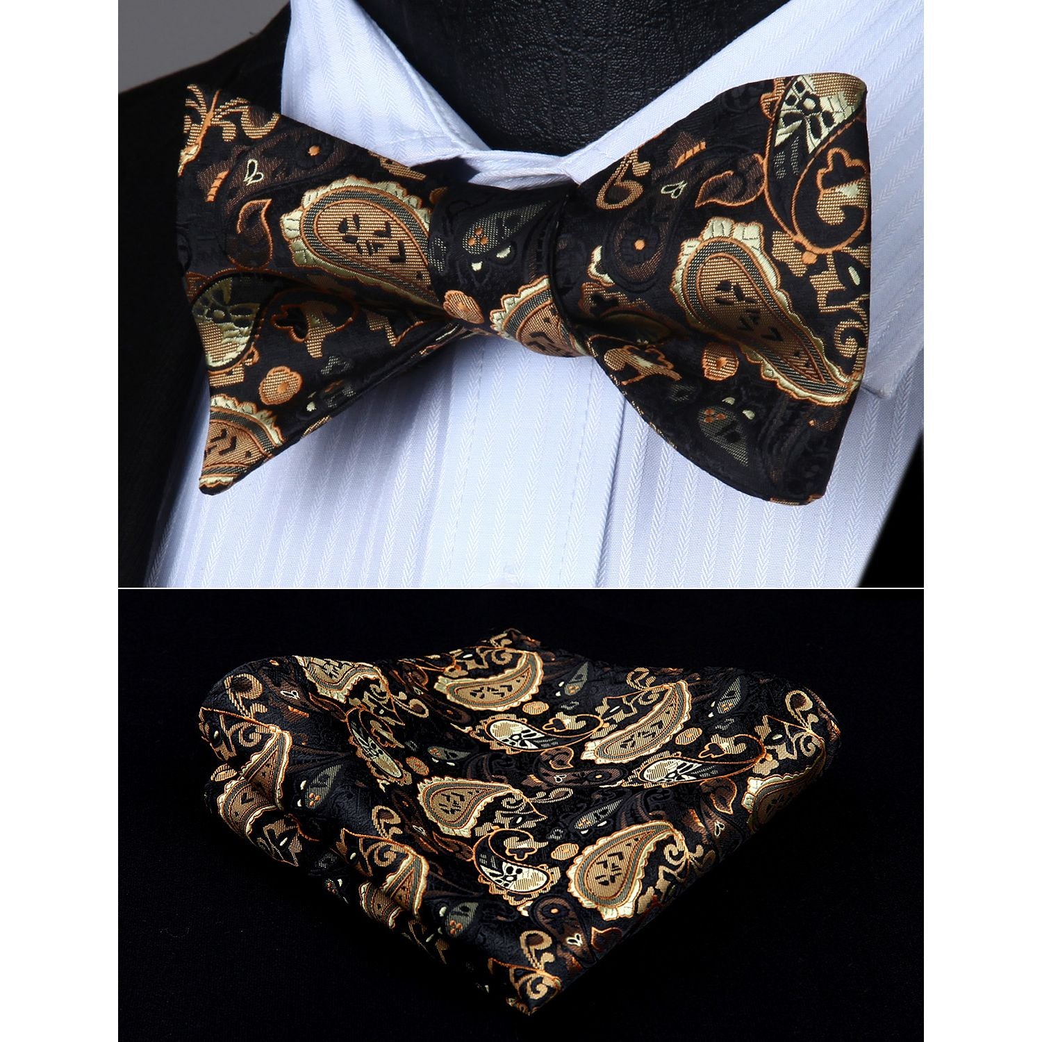 Paisley Bow Tie & Pocket Square - A-GOLD/BLACK