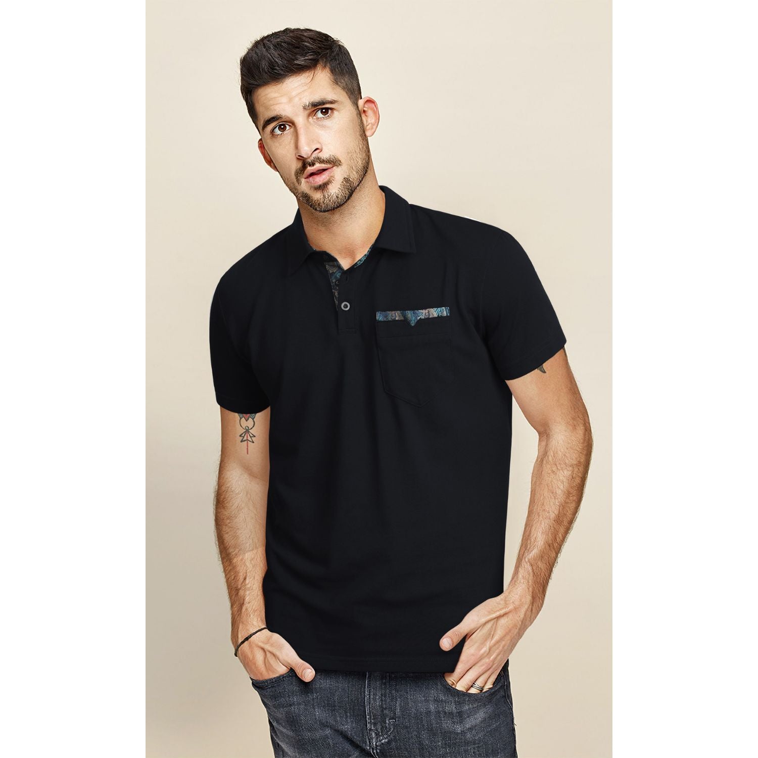 Polo Shirts Short Sleeve with Pocket - F-BLACK-PAISLEY
