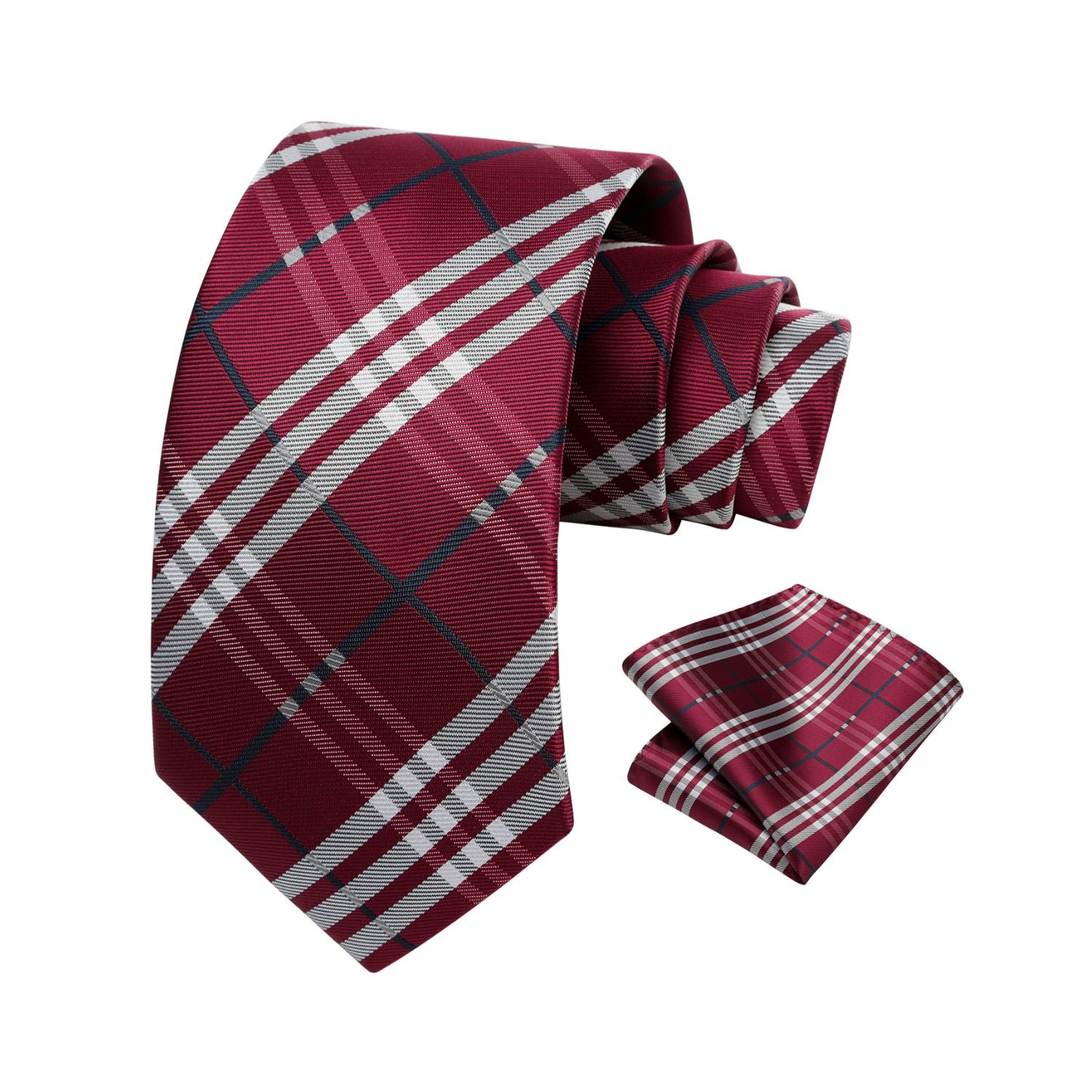 Plaid Tie Handkerchief Set - 062-BURGUNDY/GREY/BLACK
